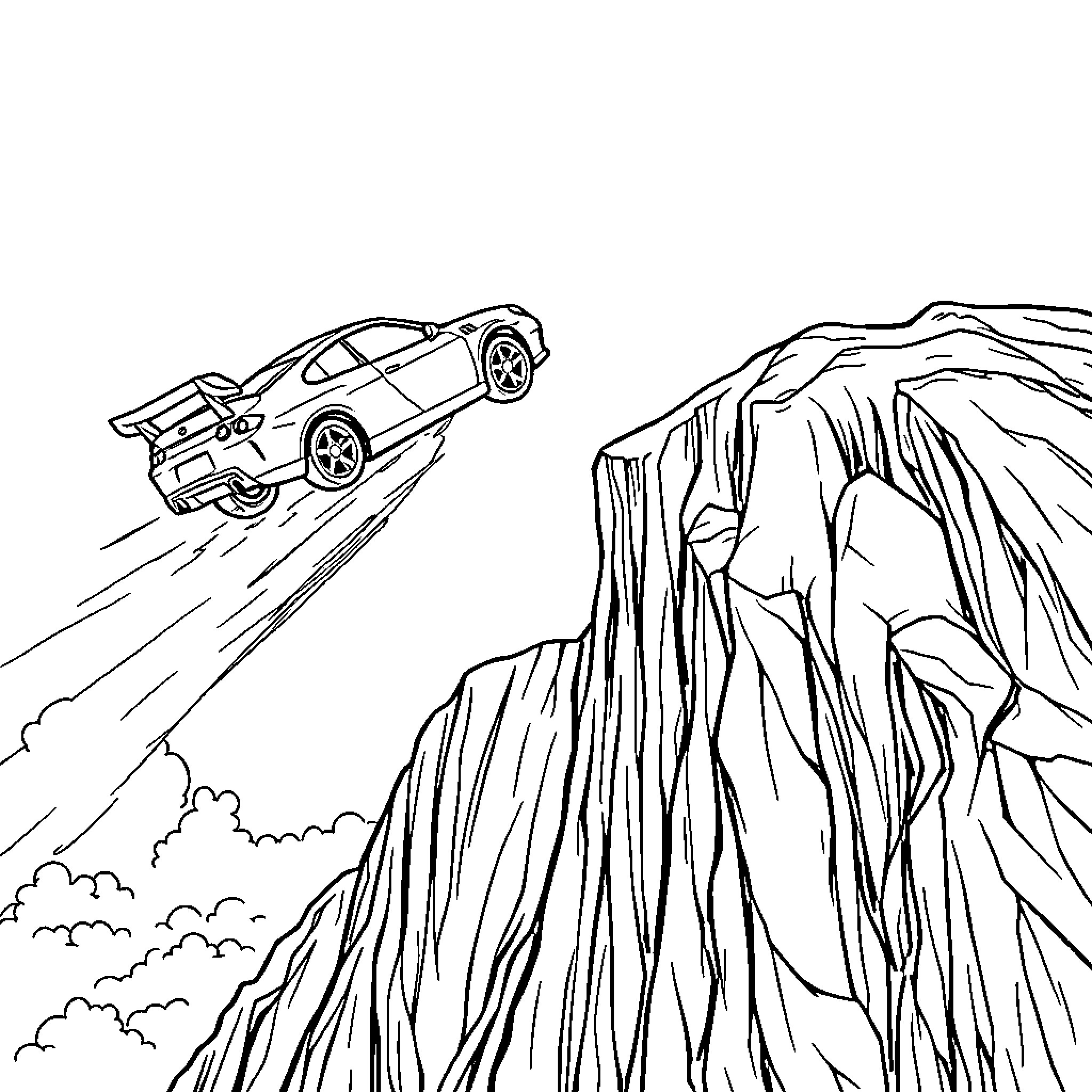 Car racing down cliff edge Coloring Page (free black-and-white line drawing printable PDF for all, from beginners to advanced learners, including children, teens, adults, and seniors)