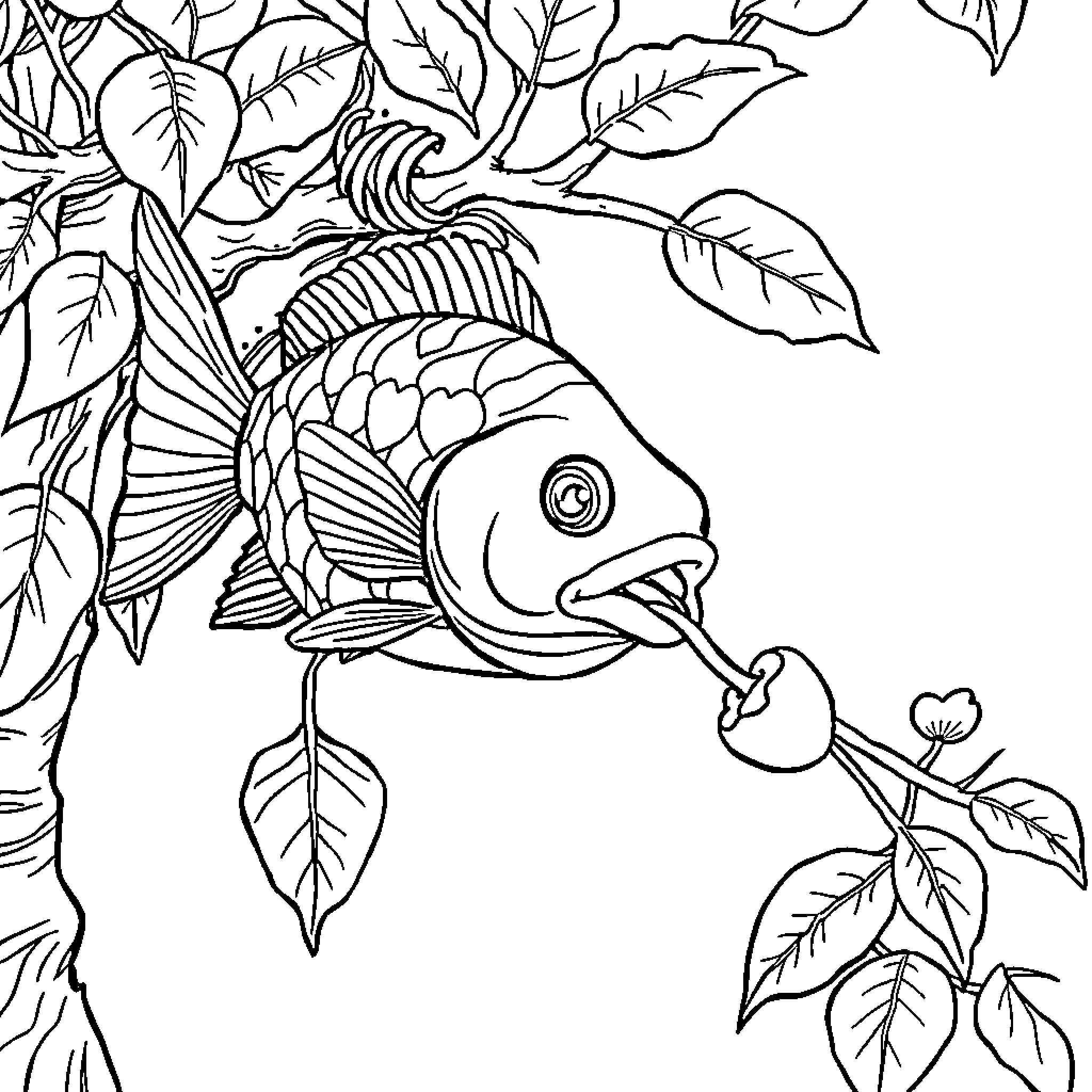 Fish swimming among leaves and branches Coloring Page (free black-and-white line drawing printable PDF for all, from beginners to advanced learners, including children, teens, adults, and seniors)