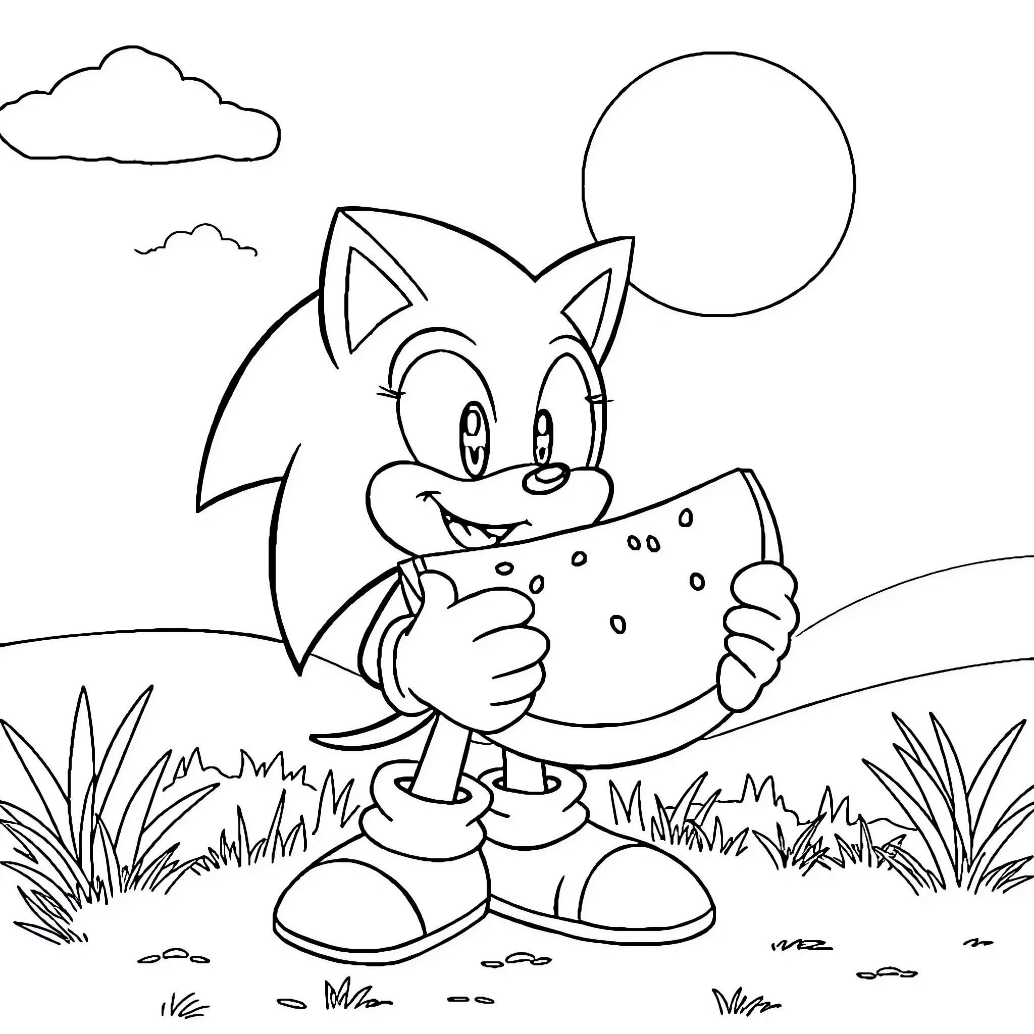 Sonic the hedgehog enjoying a refreshing snack outdoors Coloring Page (free black-and-white line drawing printable PDF for all, from beginners to advanced learners, including children, teens, adults, and seniors)