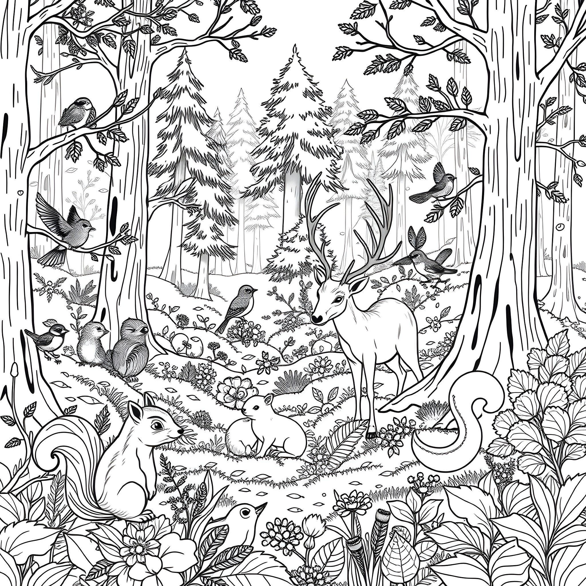 Animal forest scene with diverse wildlife Coloring Page (free black-and-white line drawing printable PDF for all, from beginners to advanced learners, including children, teens, adults, and seniors)