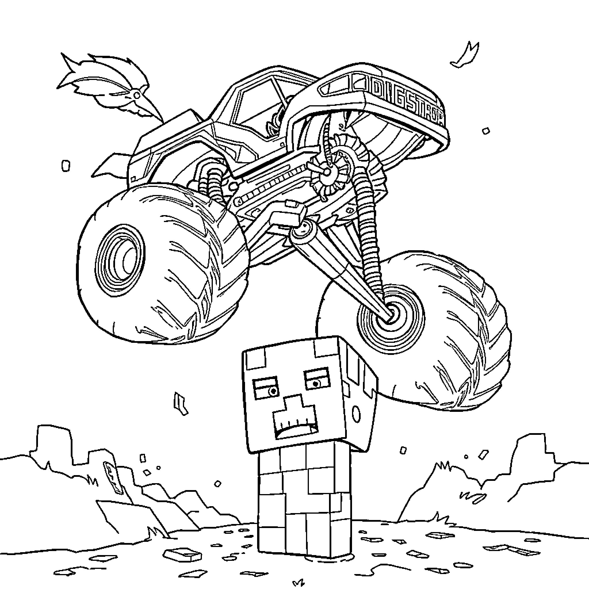 Monster Truck crushing a pixelated character Coloring Page (free black-and-white line drawing printable PDF for all, from beginners to advanced learners, including children, teens, adults, and seniors)