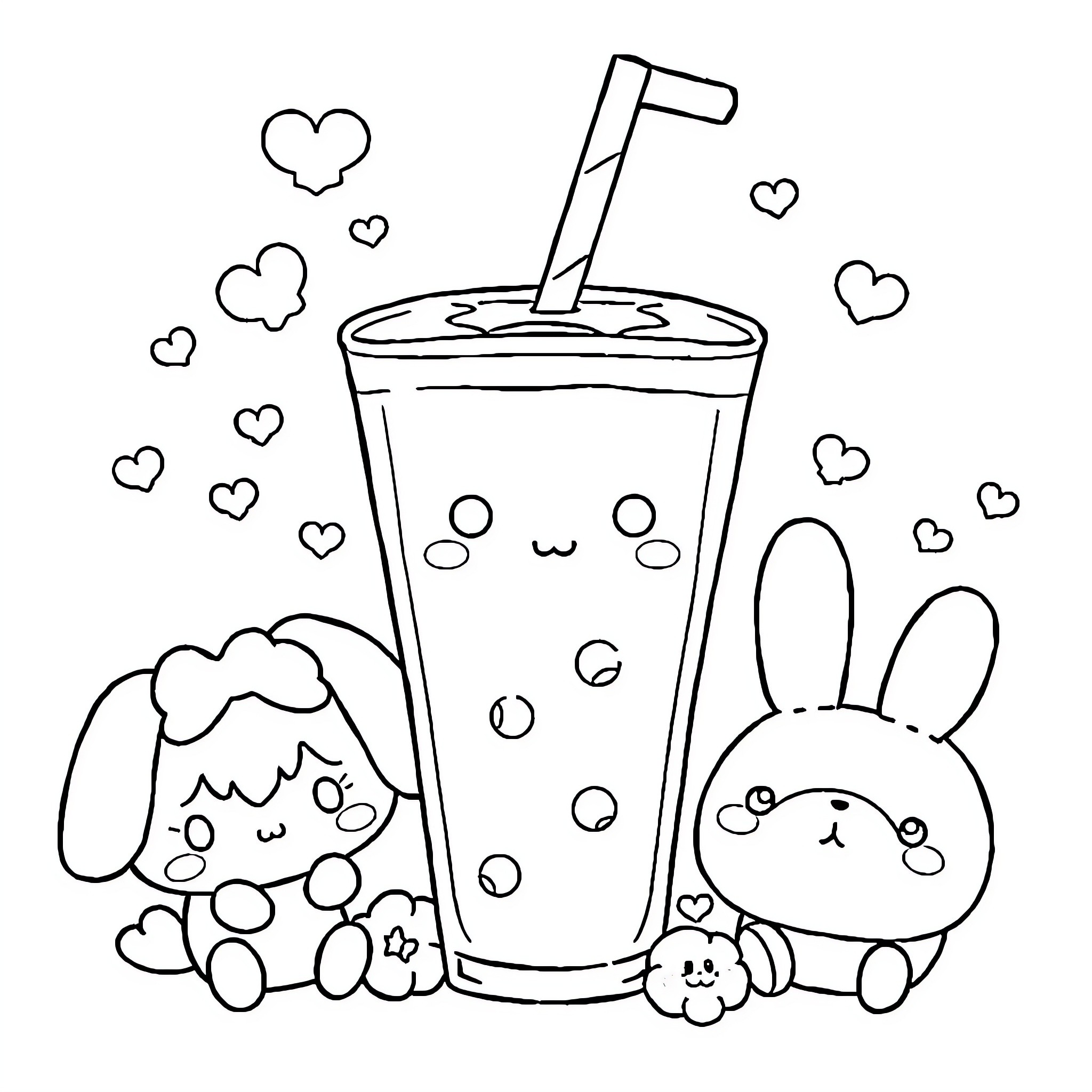 Boba Time with Cute Companions Coloring Page (free black-and-white line drawing printable PDF for all, from beginners to advanced learners, including children, teens, adults, and seniors)