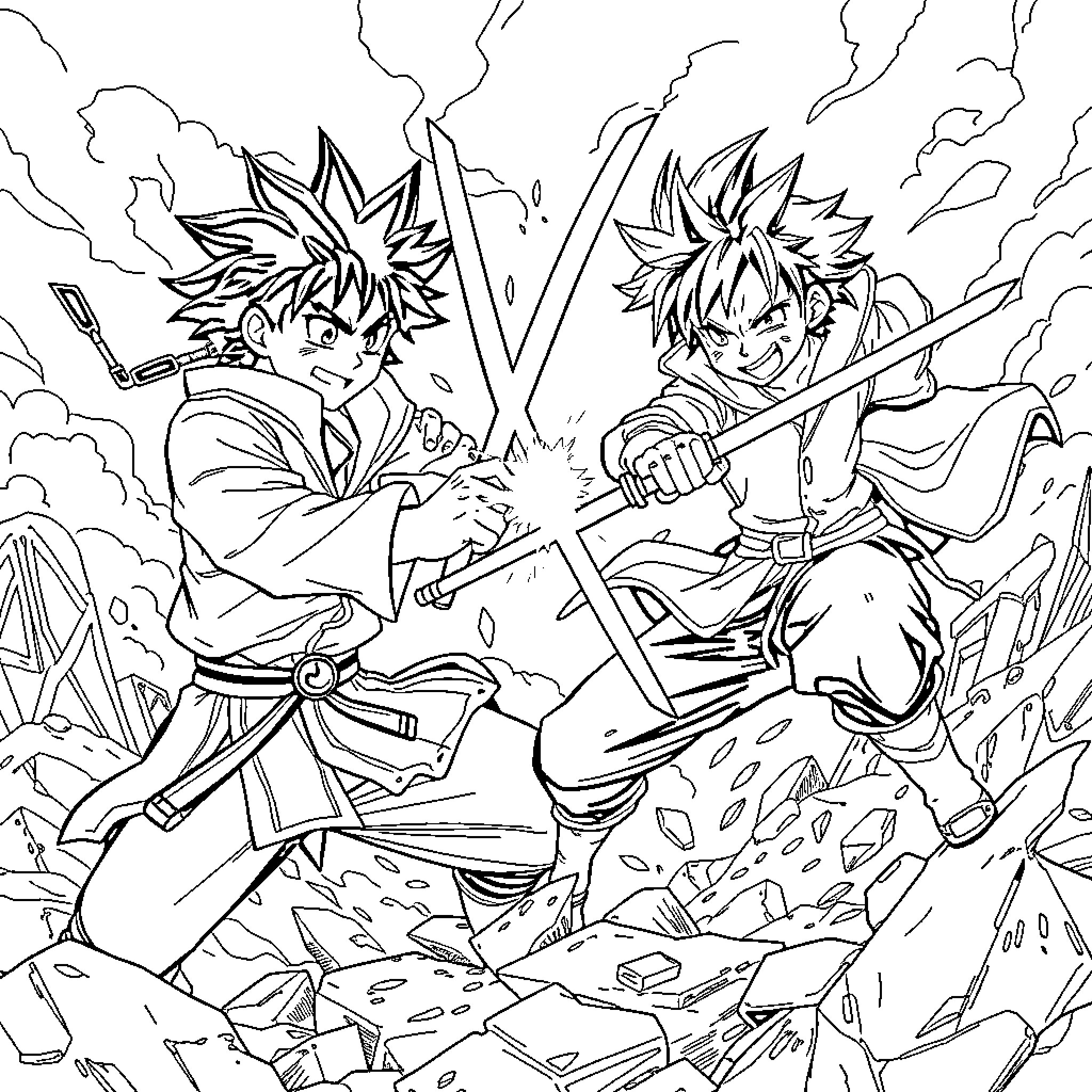 Tanjiro's Fierce Battle with Determined Companion Coloring Page (free black-and-white line drawing printable PDF for all, from beginners to advanced learners, including children, teens, adults, and seniors)