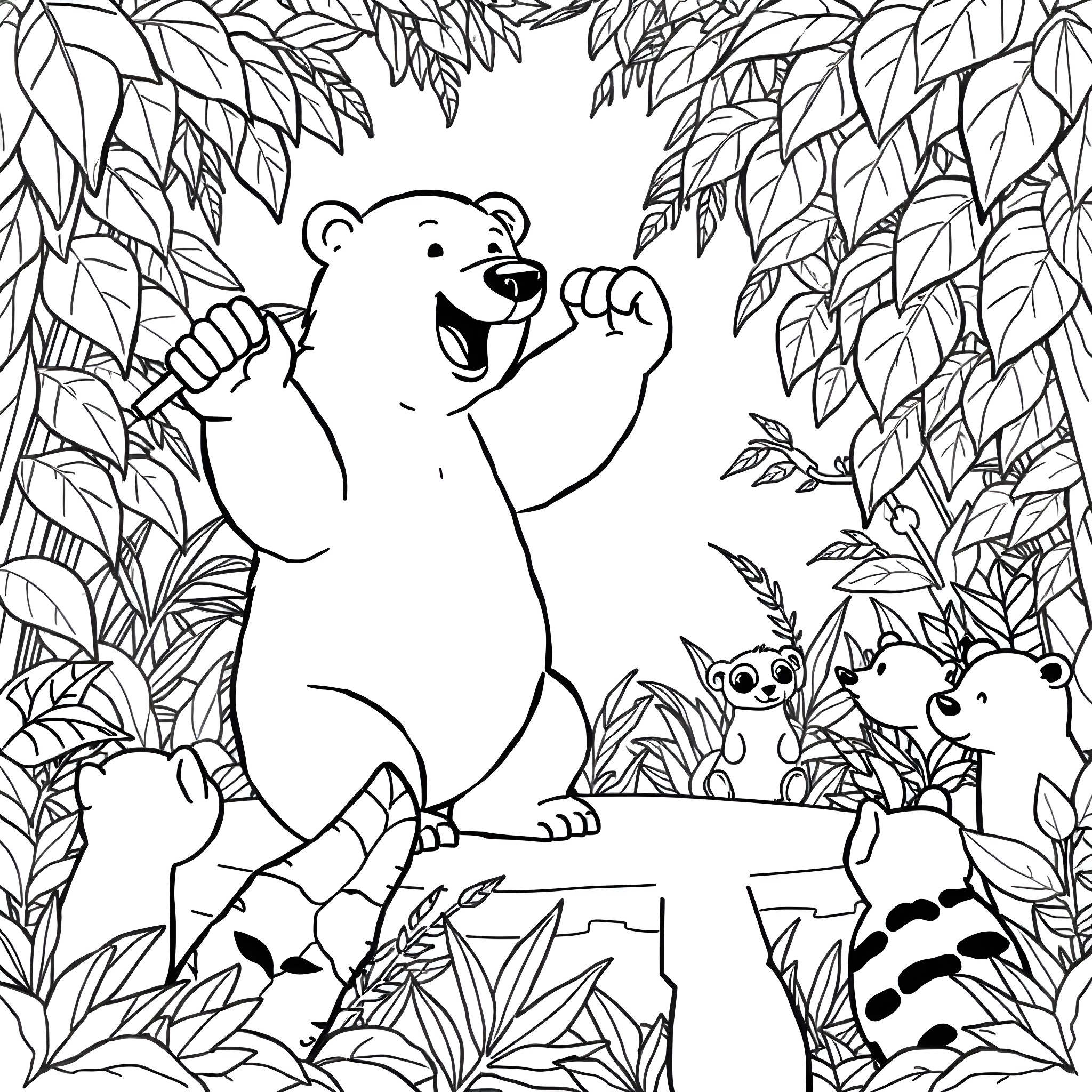 Polar Bear Playing with Woodland Creatures Coloring Page (free black-and-white line drawing printable PDF for all, from beginners to advanced learners, including children, teens, adults, and seniors)