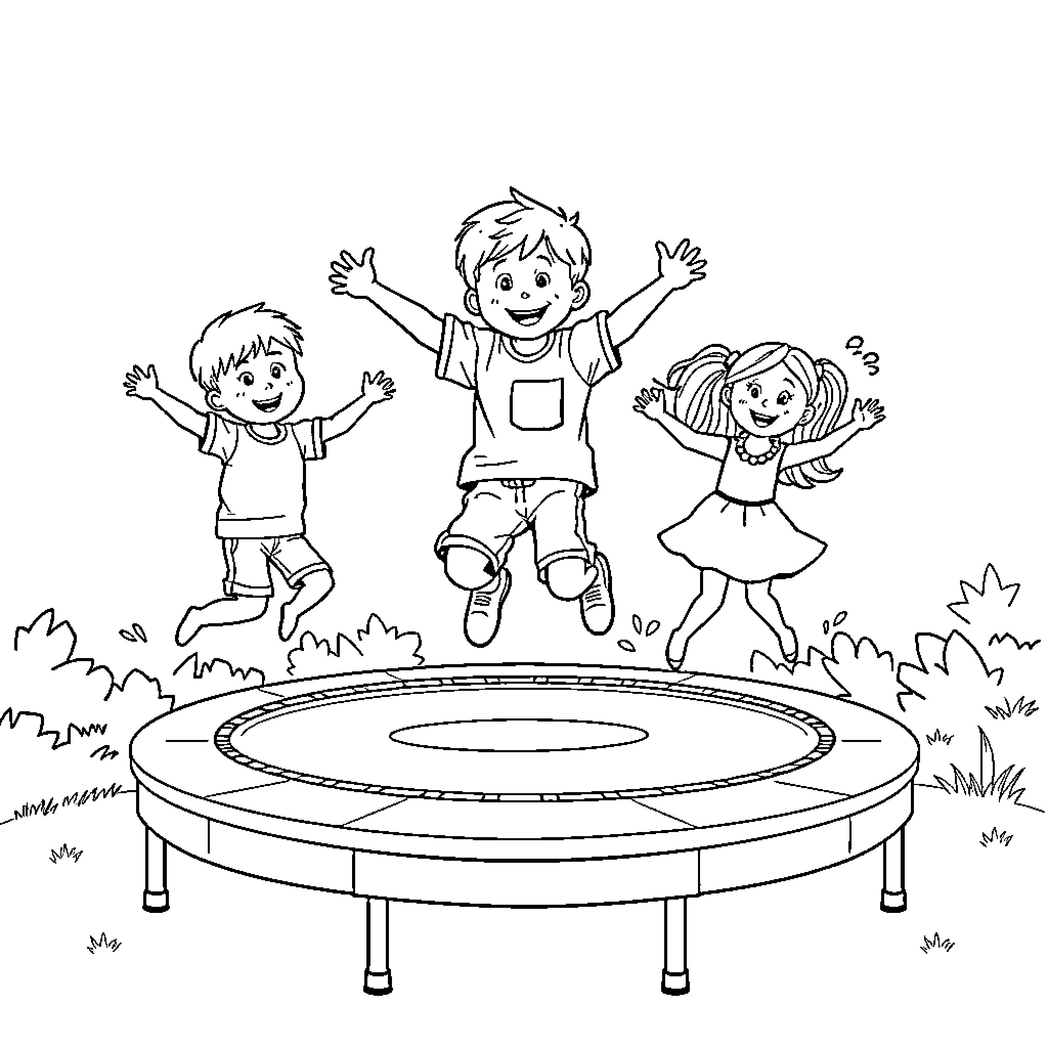 Children joyfully jumping on a trampoline Coloring Page (free black-and-white line drawing printable PDF for all, from beginners to advanced learners, including children, teens, adults, and seniors)