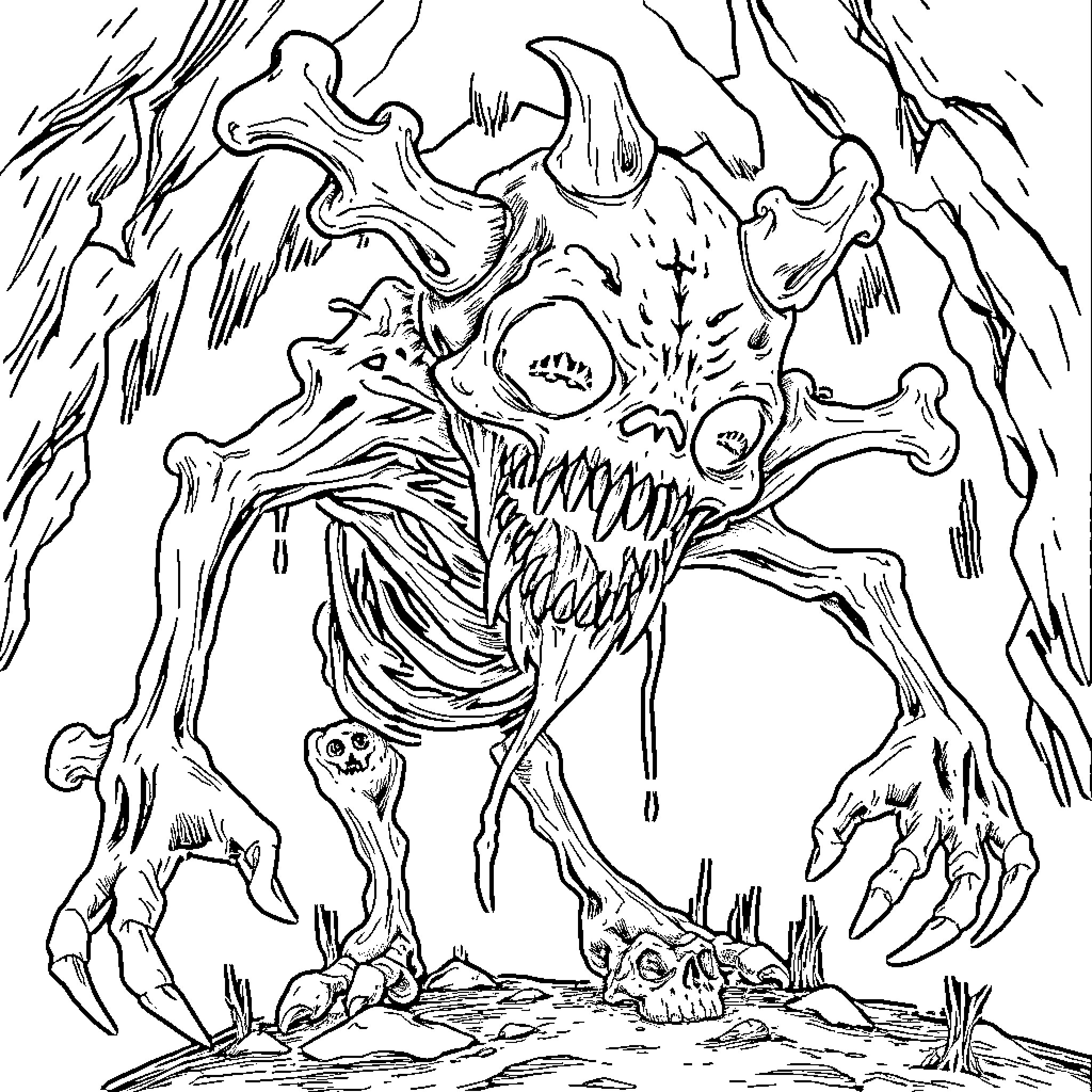 Rawhead fearsome creature emerging from the darkness Coloring Page (free black-and-white line drawing printable PDF for all, from beginners to advanced learners, including children, teens, adults, and seniors)