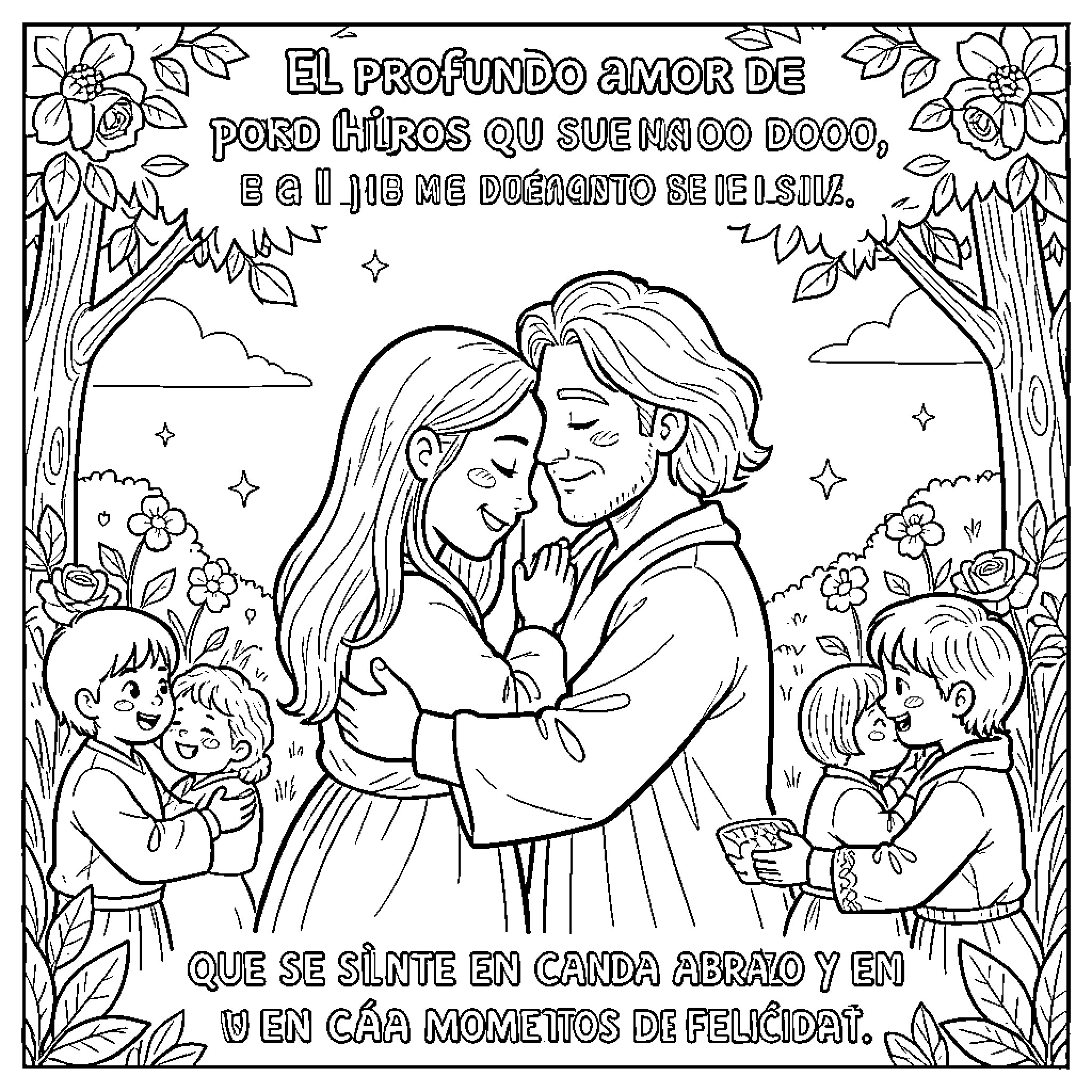Love Embraced in Enchanting Moments of Bliss Coloring Page (free black-and-white line drawing printable PDF for all, from beginners to advanced learners, including children, teens, adults, and seniors)