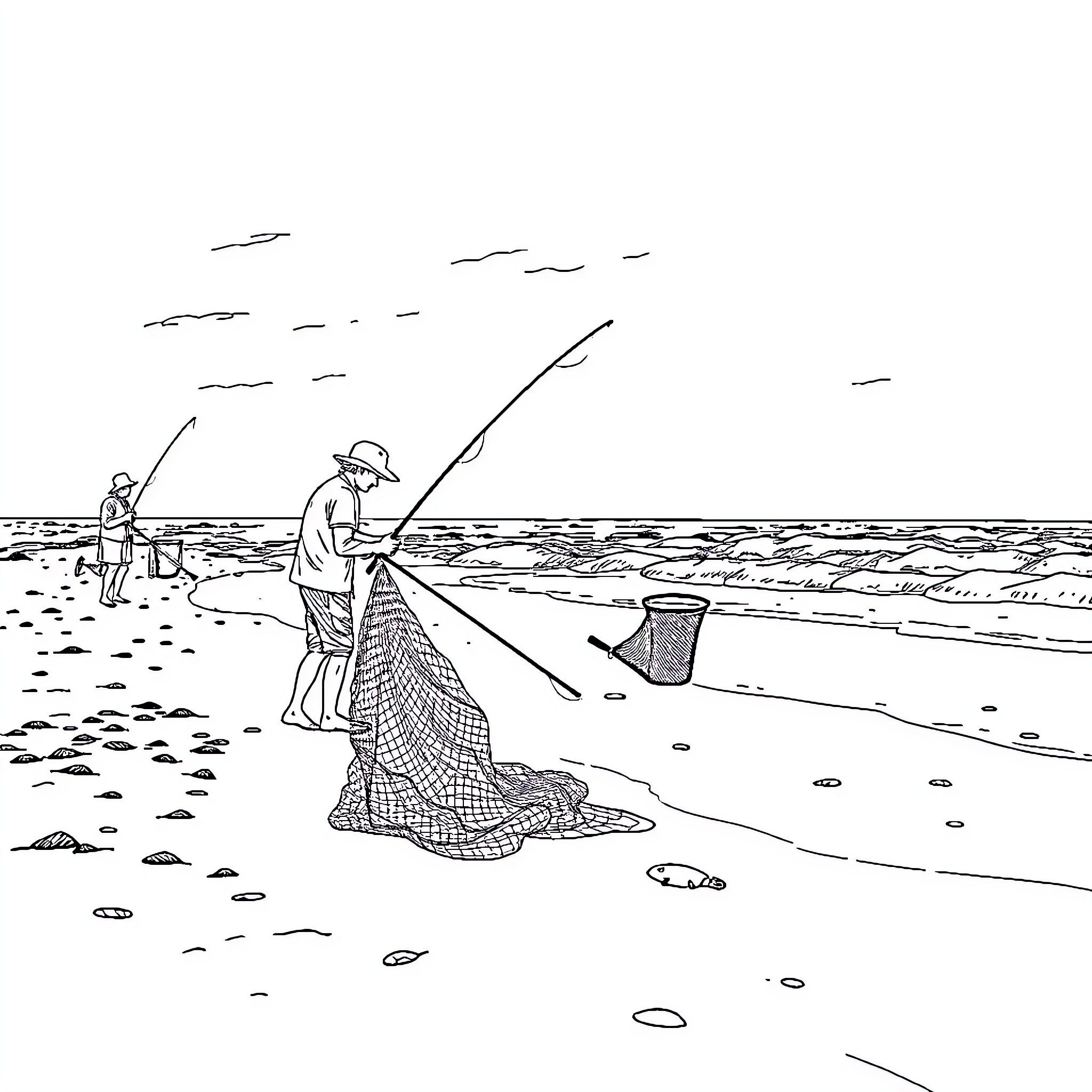 Fishing by the serene lake with nets and rods Coloring Page (free black-and-white line drawing printable PDF for all, from beginners to advanced learners, including children, teens, adults, and seniors)
