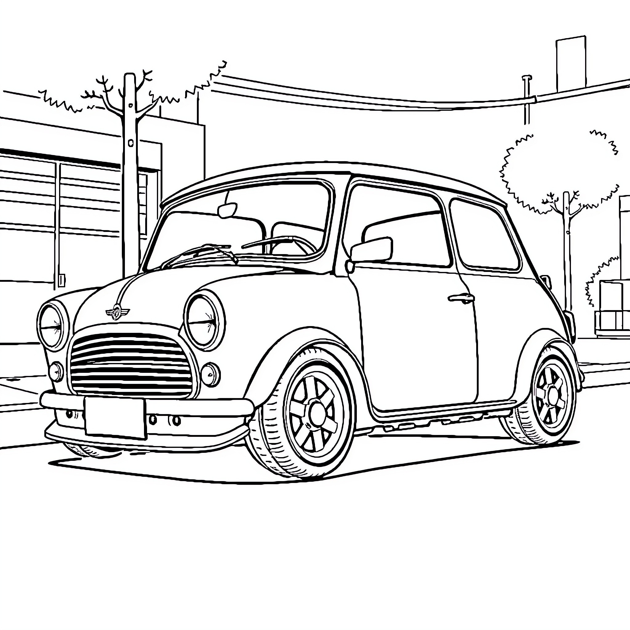 Minor Car Parked in Neighborhood Coloring Page (free black-and-white line drawing printable PDF for all, from beginners to advanced learners, including children, teens, adults, and seniors)