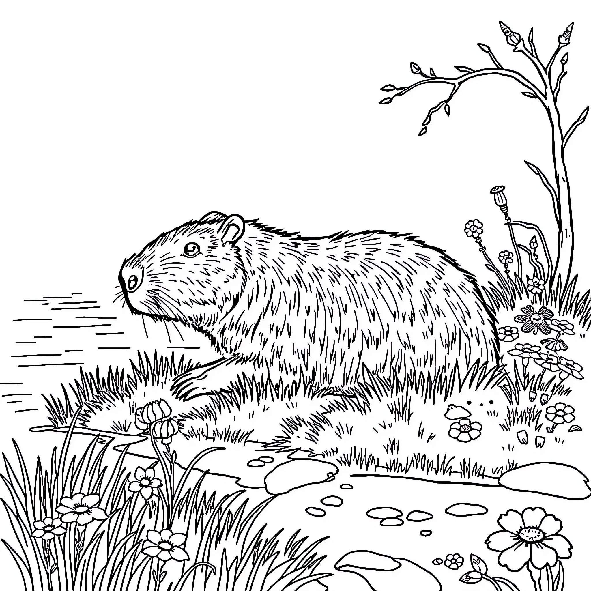 Capybara relaxing in a natural setting Coloring Page (free black-and-white line drawing printable PDF for all, from beginners to advanced learners, including children, teens, adults, and seniors)