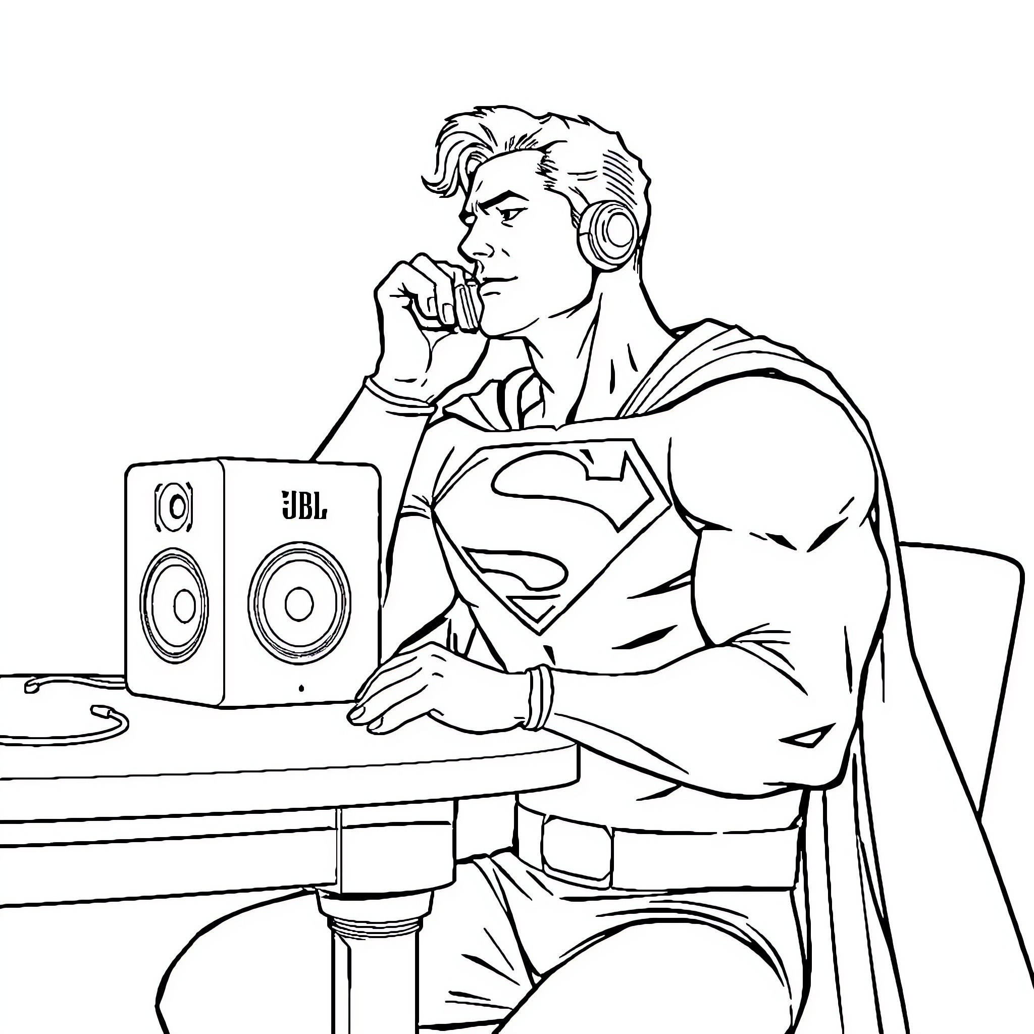Superman listening to music at desk Coloring Page (free black-and-white line drawing printable PDF for all, from beginners to advanced learners, including children, teens, adults, and seniors)