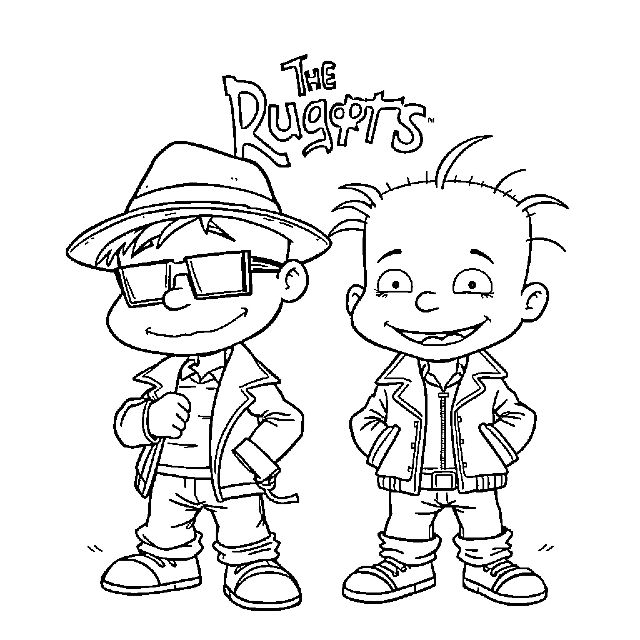 Rugrats - Two kids in casual outfits Coloring Page (free black-and-white line drawing printable PDF for all, from beginners to advanced learners, including children, teens, adults, and seniors)