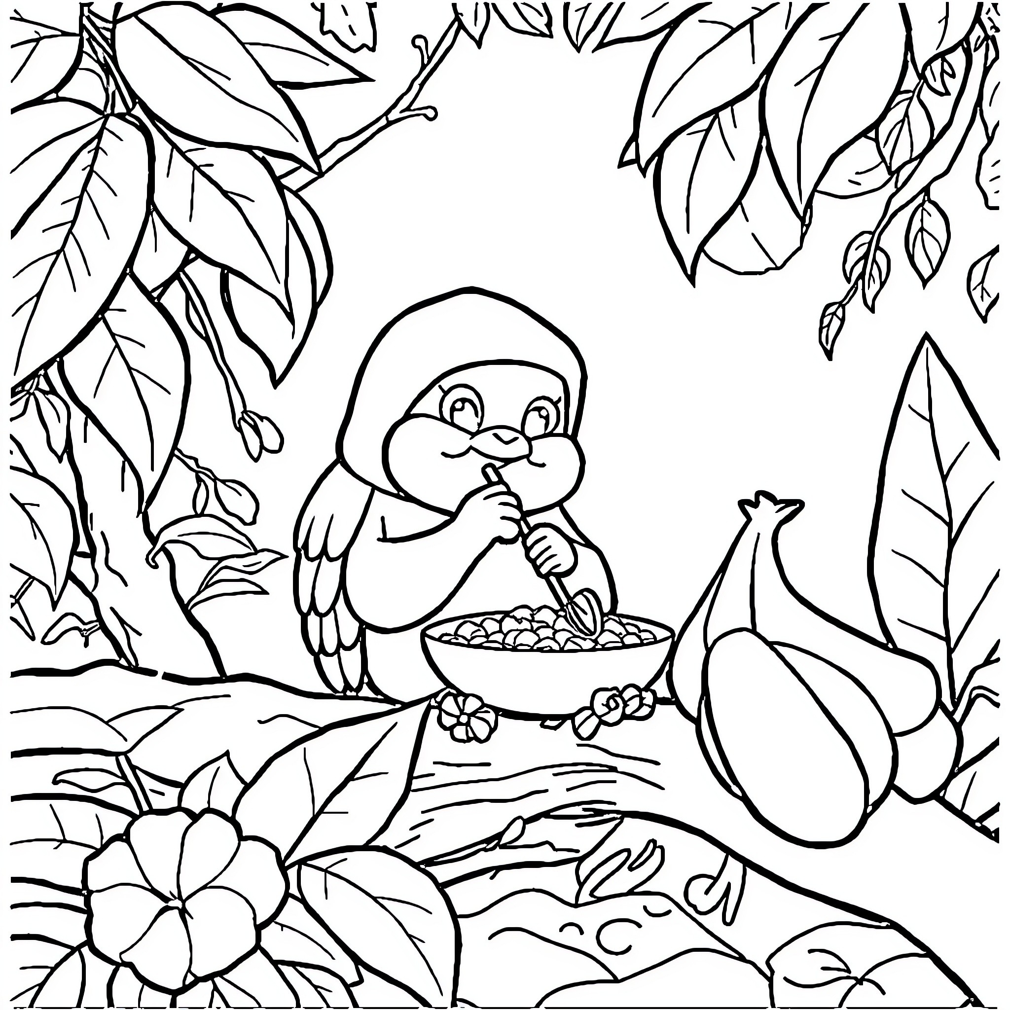 Monkey enjoying a snack in lush jungle Coloring Page (free black-and-white line drawing printable PDF for all, from beginners to advanced learners, including children, teens, adults, and seniors)
