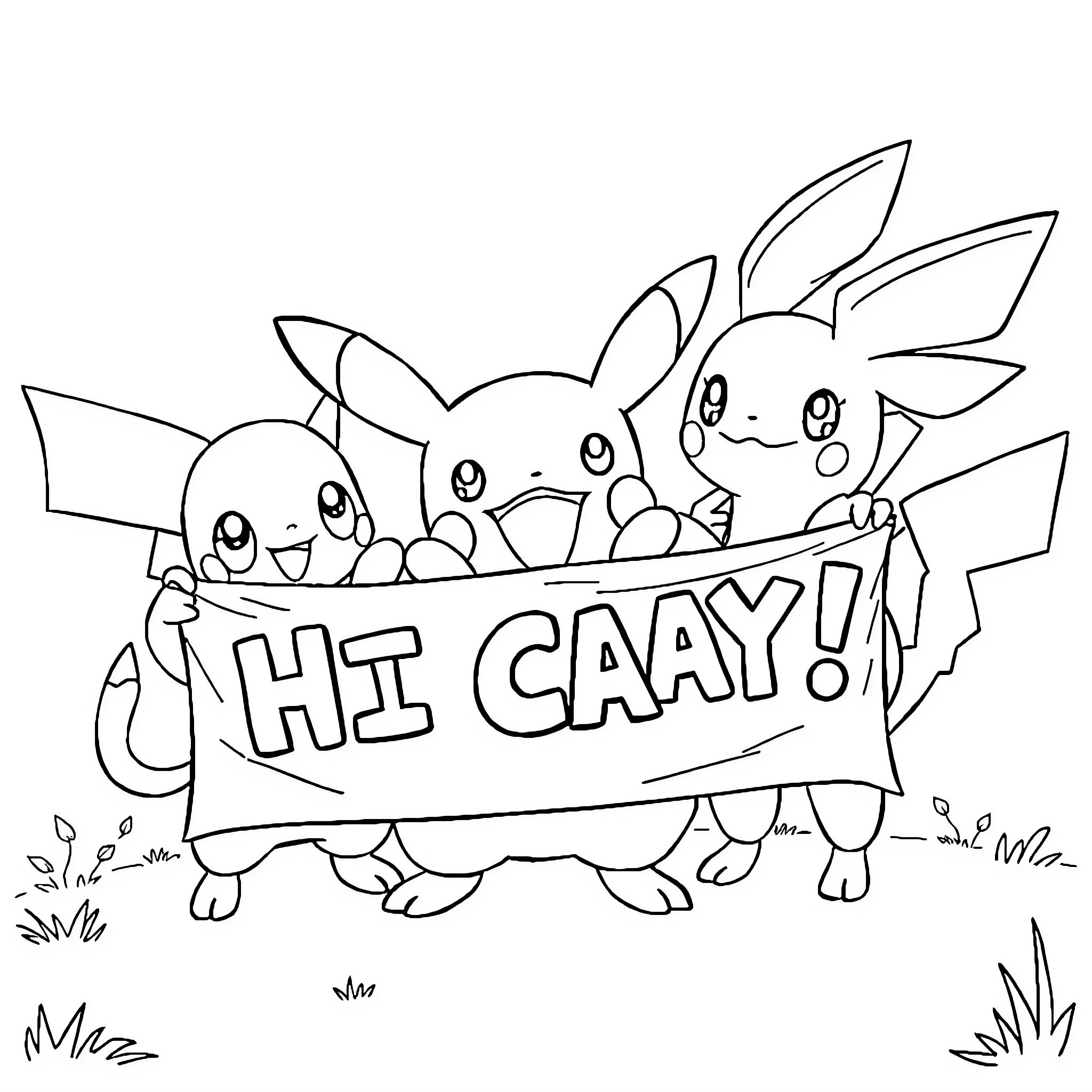 Pokémon characters happily celebrating Coloring Page (free black-and-white line drawing printable PDF for all, from beginners to advanced learners, including children, teens, adults, and seniors)