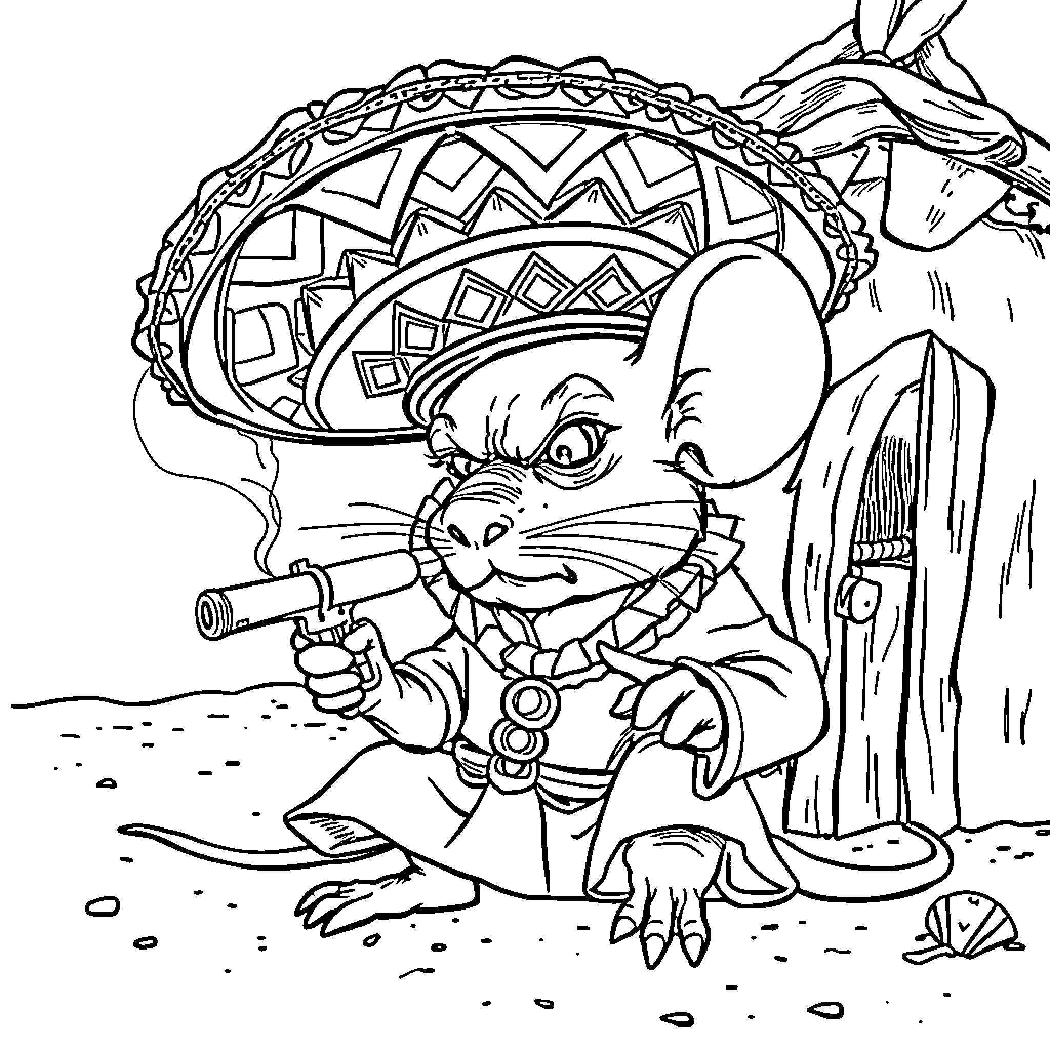 Mouse outlaw with cowboy hat aiming gun in desert Coloring Page (free black-and-white line drawing printable PDF for all, from beginners to advanced learners, including children, teens, adults, and seniors)