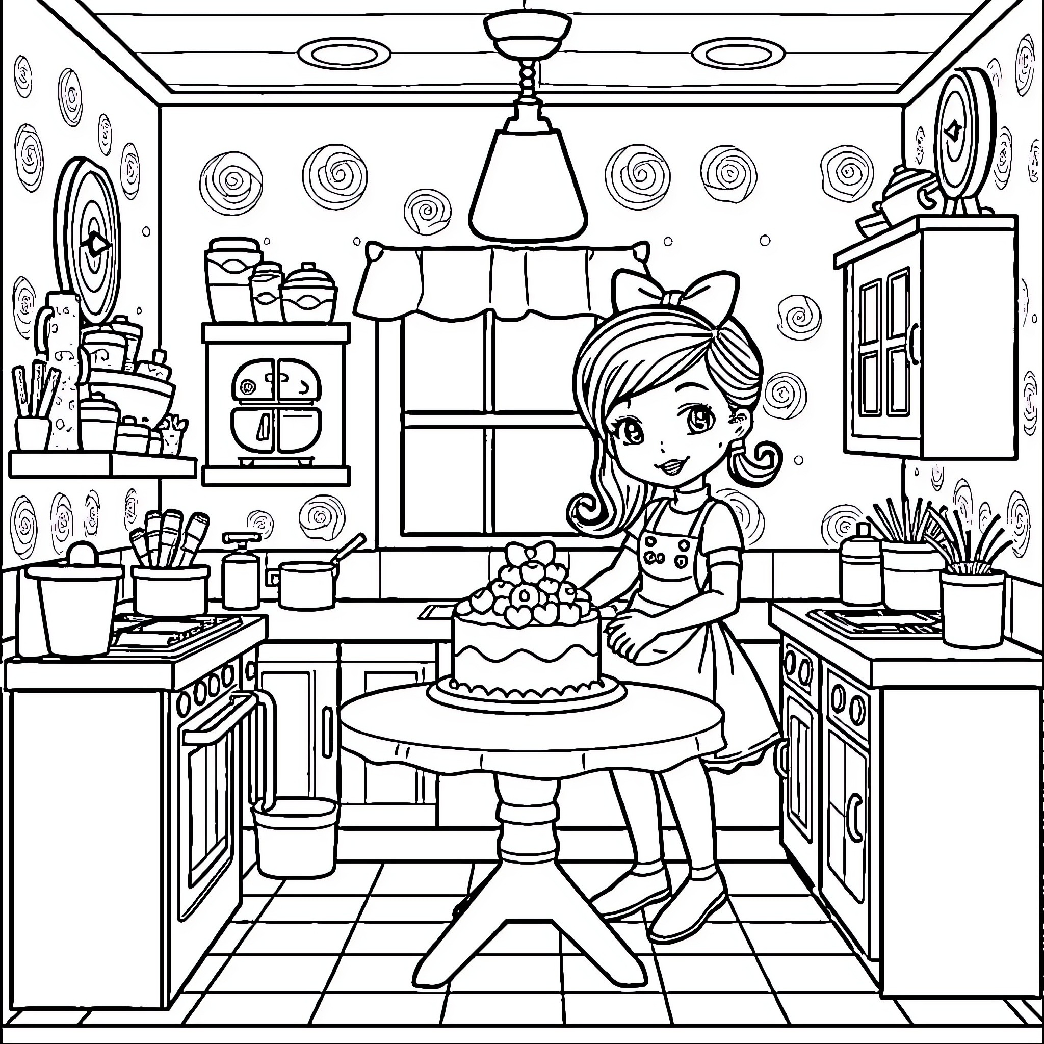 Dollhouse Scene with Girl Baking Cake Coloring Page (free black-and-white line drawing printable PDF for all, from beginners to advanced learners, including children, teens, adults, and seniors)