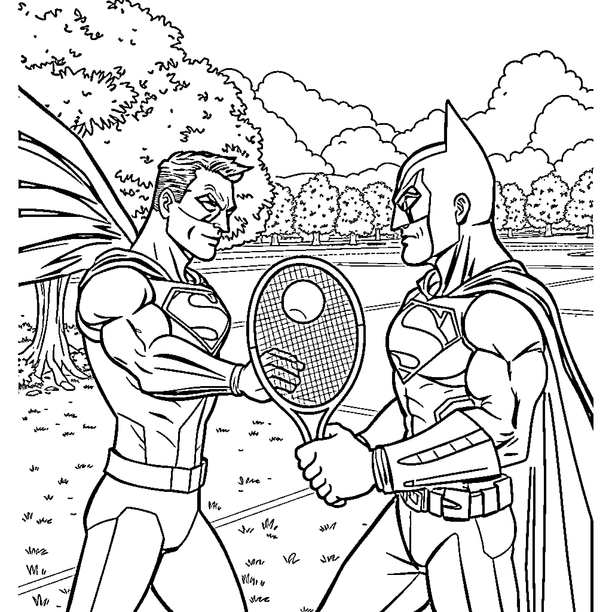 Superman and Batman playing tennis in the park Coloring Page (free black-and-white line drawing printable PDF for all, from beginners to advanced learners, including children, teens, adults, and seniors)