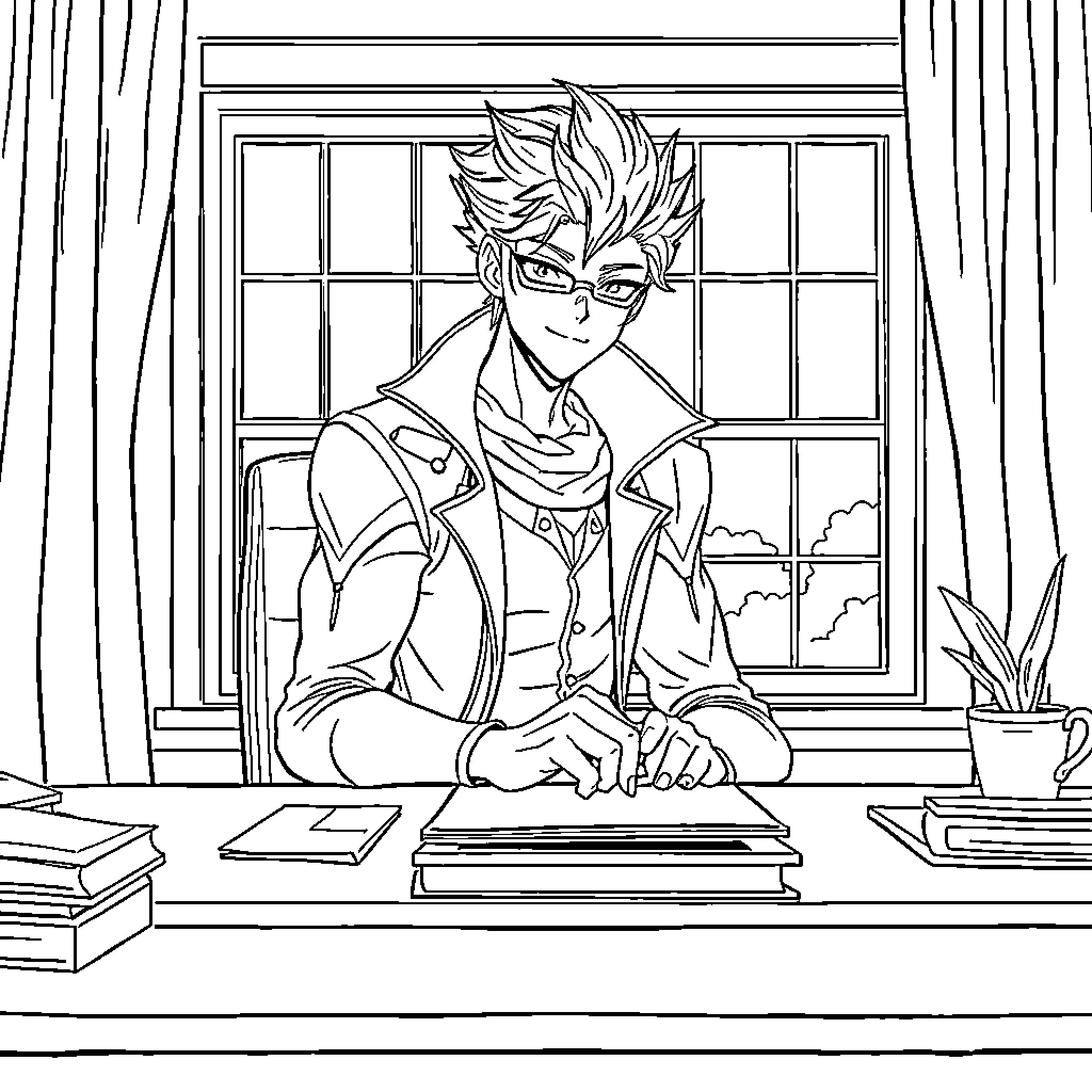 Rimuru Tempest working diligently at his desk Coloring Page (free black-and-white line drawing printable PDF for all, from beginners to advanced learners, including children, teens, adults, and seniors)