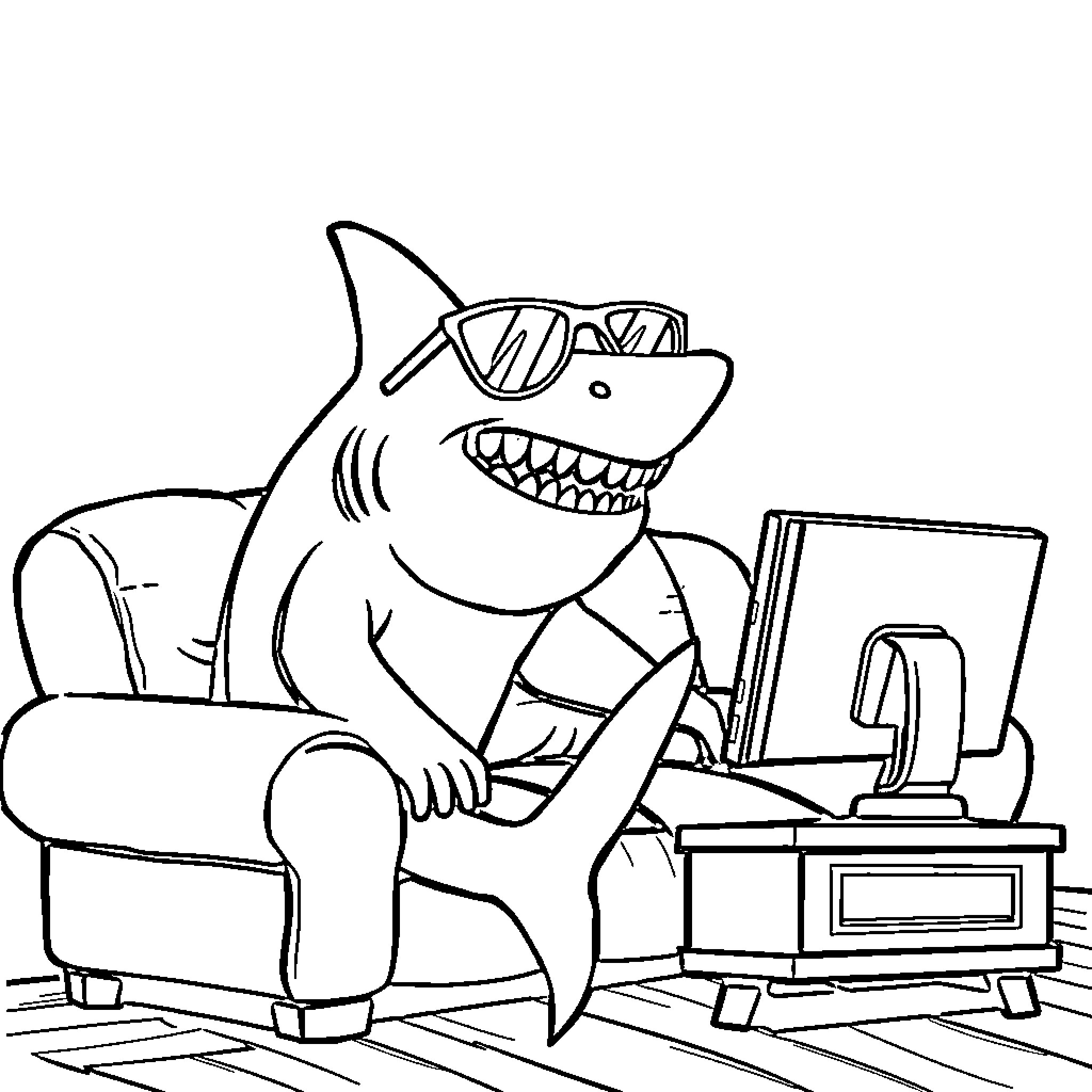 Shark working at a computer desk Coloring Page (free black-and-white line drawing printable PDF for all, from beginners to advanced learners, including children, teens, adults, and seniors)