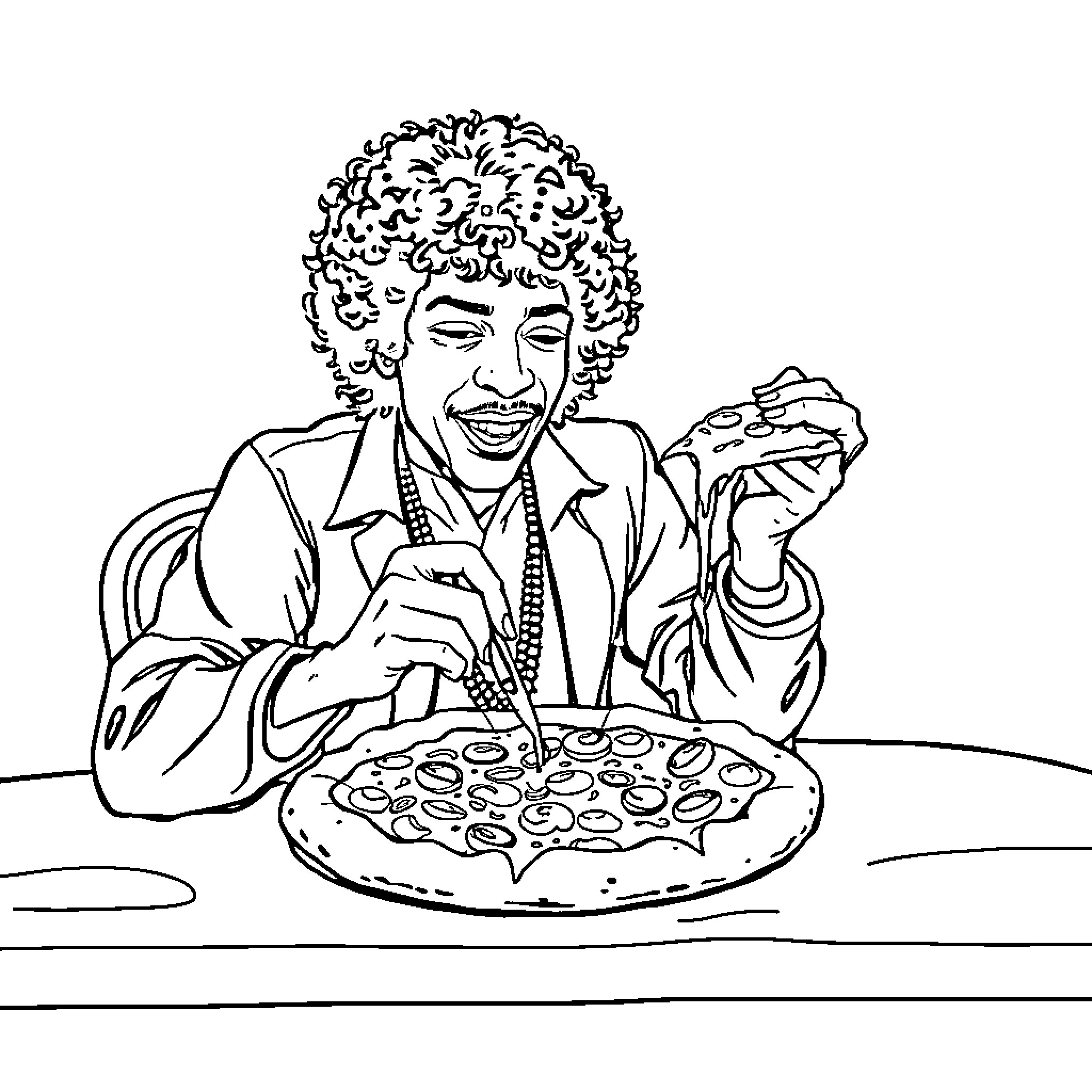 Jimi Hendrix Enjoying a Delectable Pizza Coloring Page (free black-and-white line drawing printable PDF for all, from beginners to advanced learners, including children, teens, adults, and seniors)