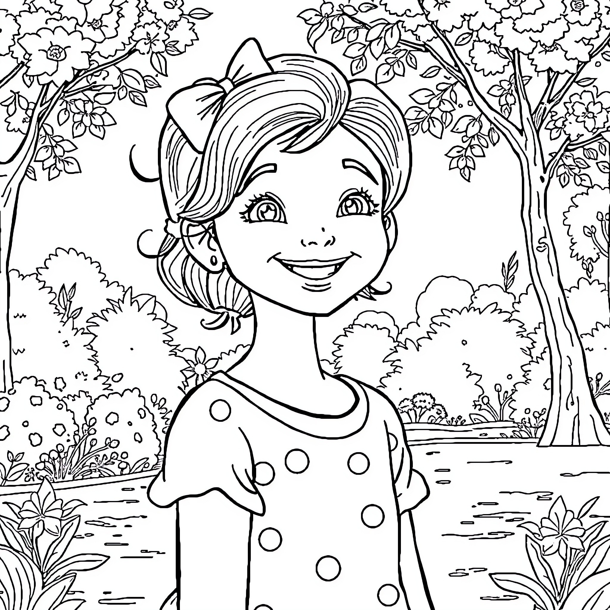Olivia enjoying the garden scenery Coloring Page (free black-and-white line drawing printable PDF for all, from beginners to advanced learners, including children, teens, adults, and seniors)