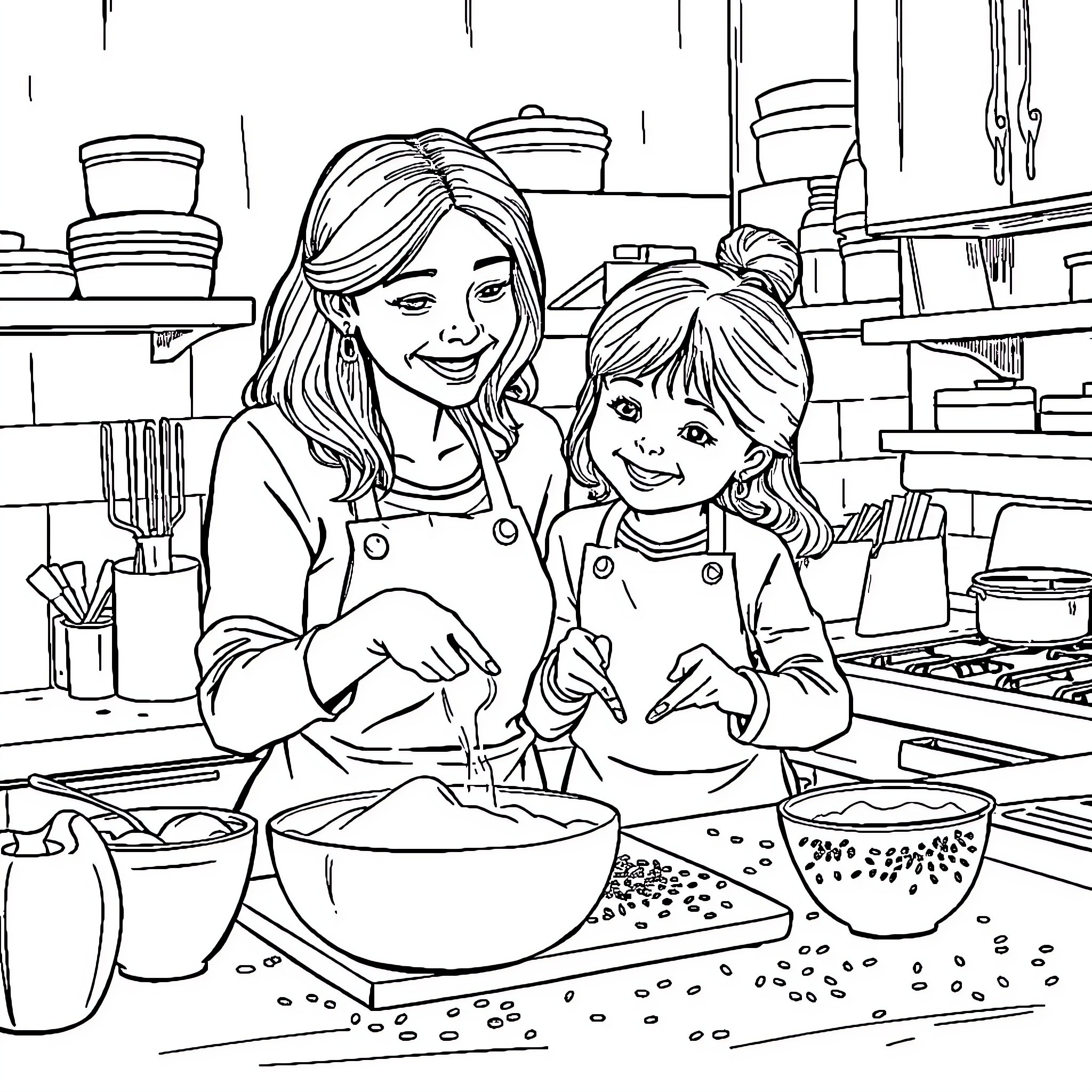 Mom and Daughter Baking Together in the Kitchen Coloring Page (free black-and-white line drawing printable PDF for all, from beginners to advanced learners, including children, teens, adults, and seniors)