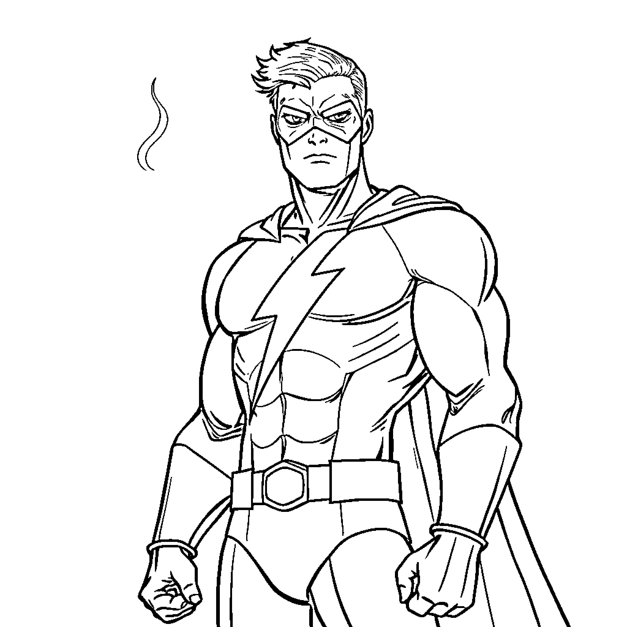 Héros in action-packed pose with bold outfit Coloring Page (free black-and-white line drawing printable PDF for all, from beginners to advanced learners, including children, teens, adults, and seniors)