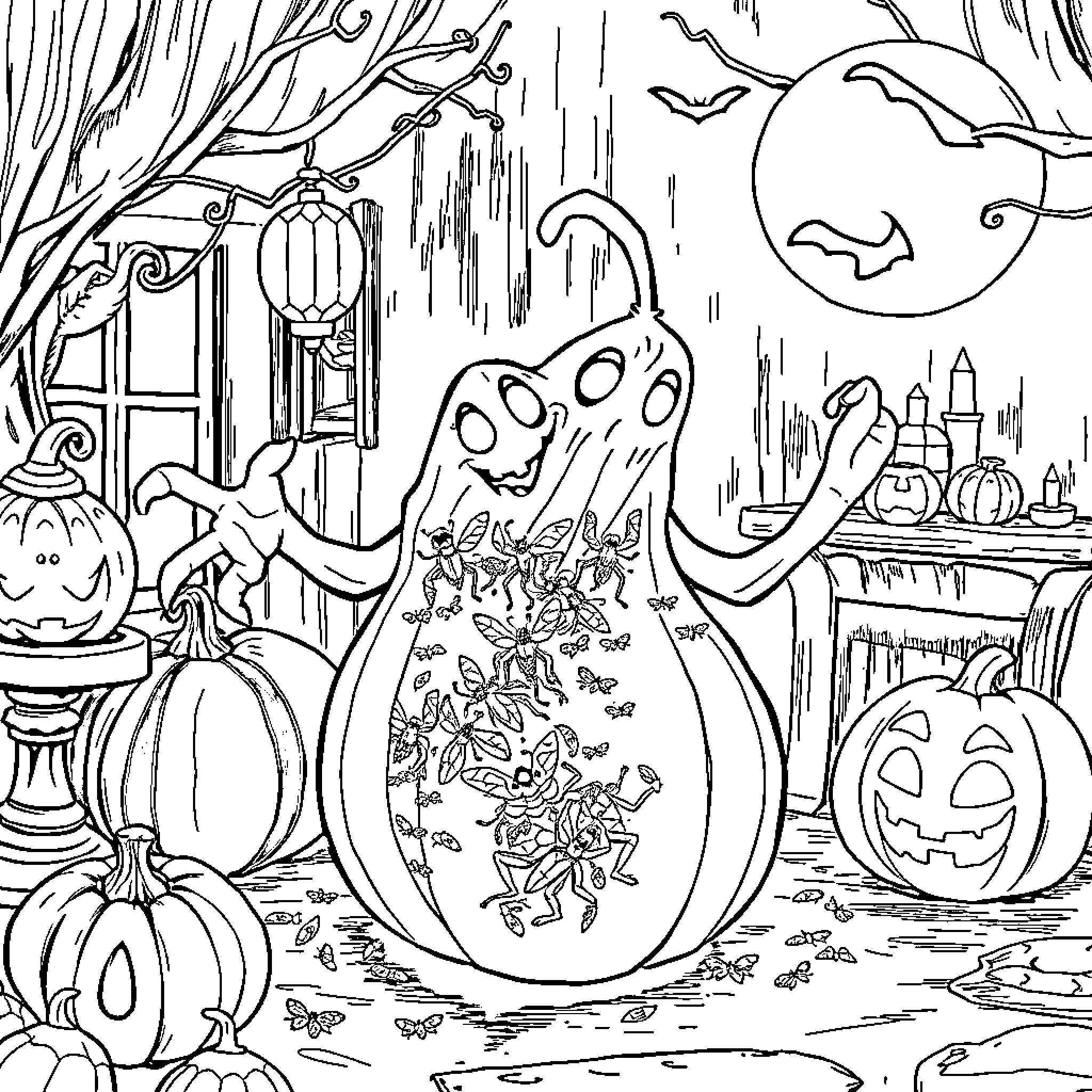 Oogie Boogie's Spooky Halloween Party Coloring Page (free black-and-white line drawing printable PDF for all, from beginners to advanced learners, including children, teens, adults, and seniors)