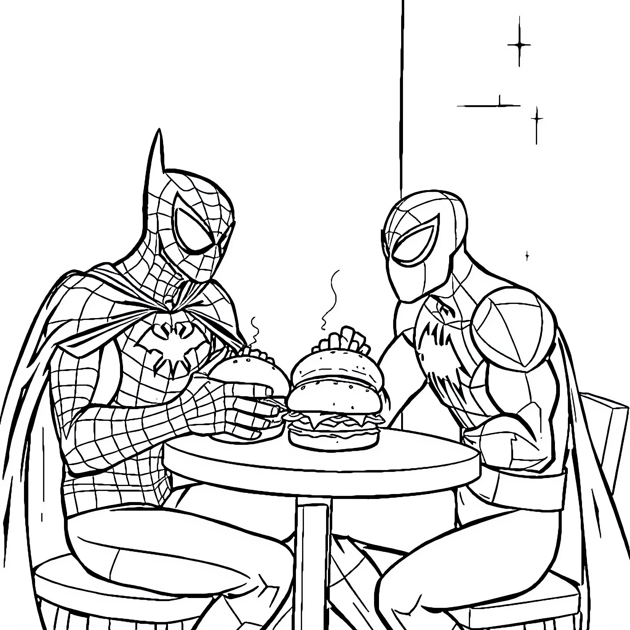 Spiderman Enjoying a Burger with a Friend Coloring Page (free black-and-white line drawing printable PDF for all, from beginners to advanced learners, including children, teens, adults, and seniors)