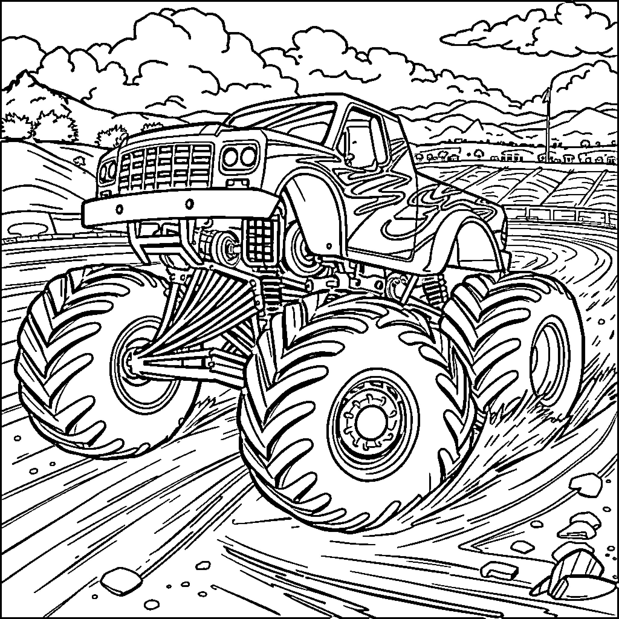 Truck speeding over rugged terrain in the countryside Coloring Page (free black-and-white line drawing printable PDF for all, from beginners to advanced learners, including children, teens, adults, and seniors)