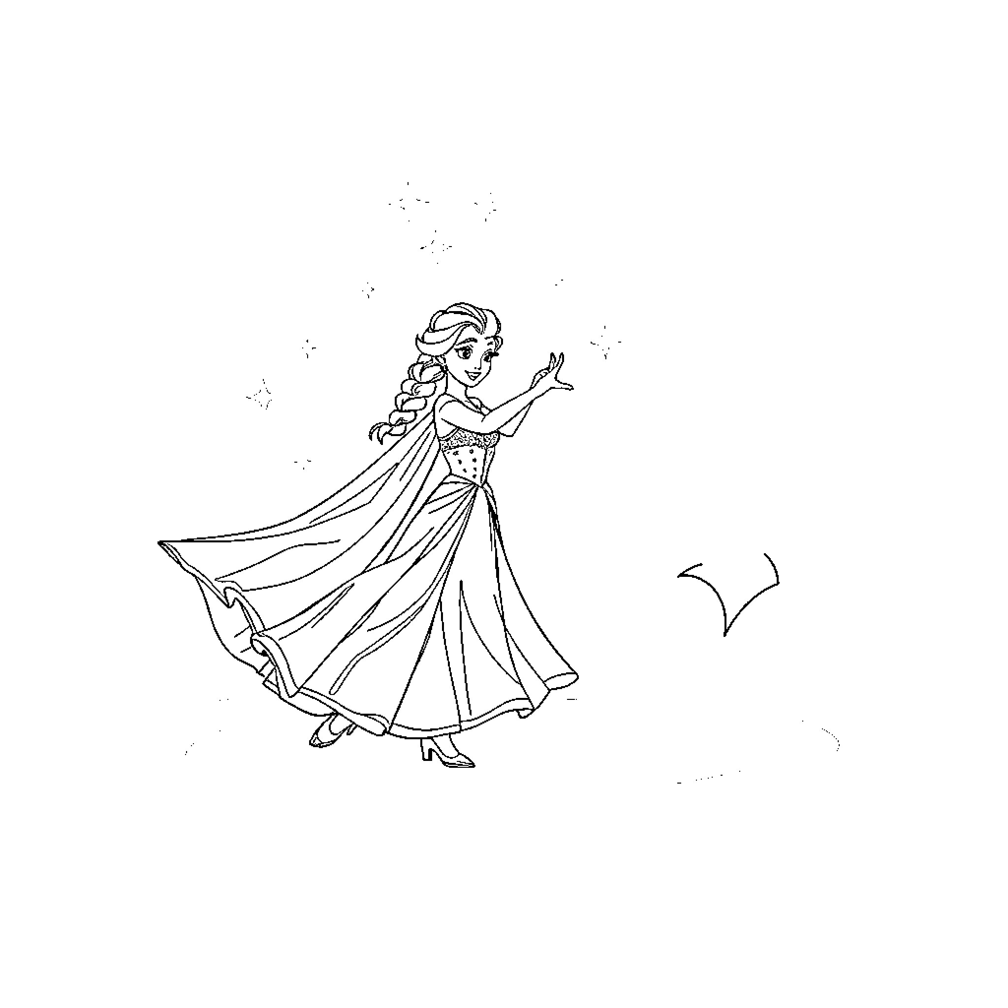 Elsa dancing gracefully in her icy gown Coloring Page (free black-and-white line drawing printable PDF for all, from beginners to advanced learners, including children, teens, adults, and seniors)