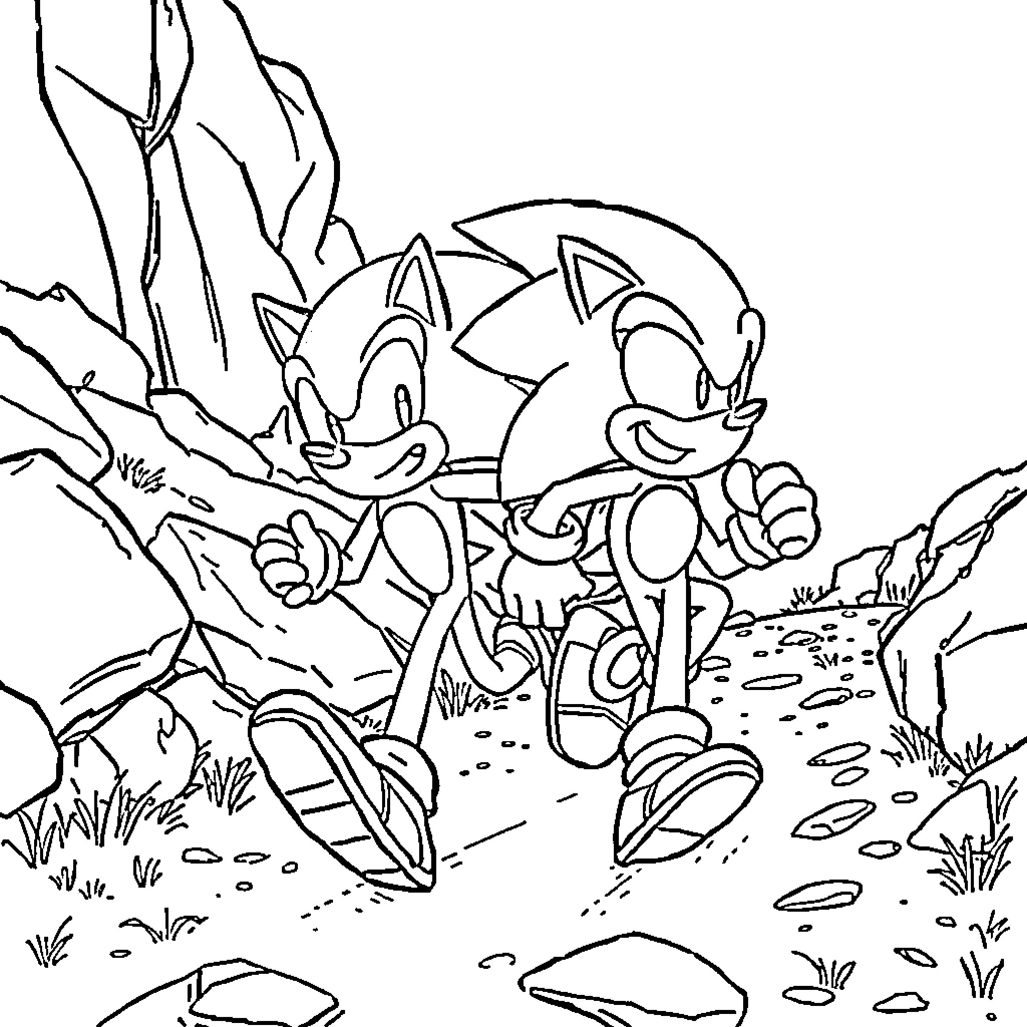 Rocky Sonic and Tails exploring adventurous rocky terrain Coloring Page (free black-and-white line drawing printable PDF for all, from beginners to advanced learners, including children, teens, adults, and seniors)