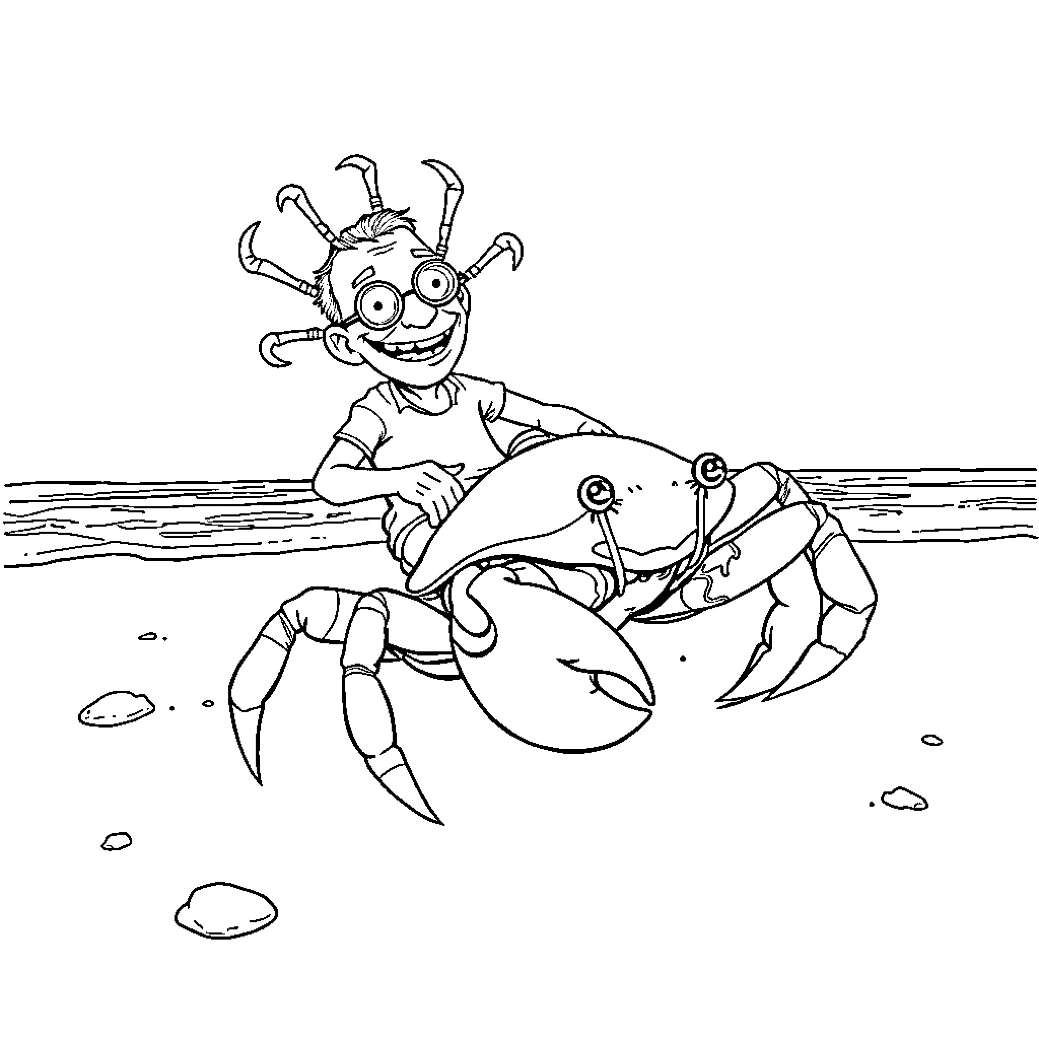 Man Riding Comically on a Lobster Coloring Page (free black-and-white line drawing printable PDF for all, from beginners to advanced learners, including children, teens, adults, and seniors)