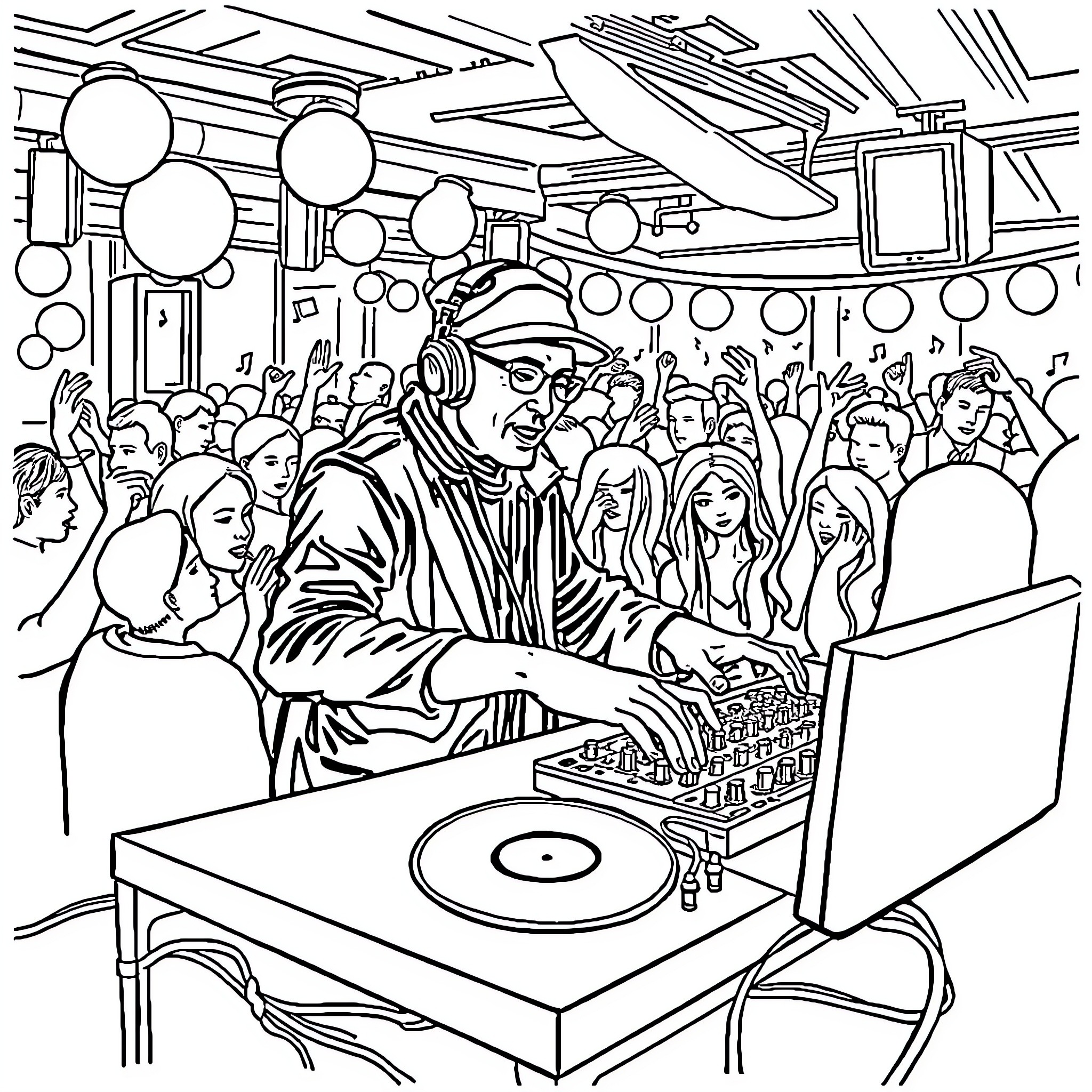 DJ Spinning Tunes for Lively Crowd Coloring Page (free black-and-white line drawing printable PDF for all, from beginners to advanced learners, including children, teens, adults, and seniors)
