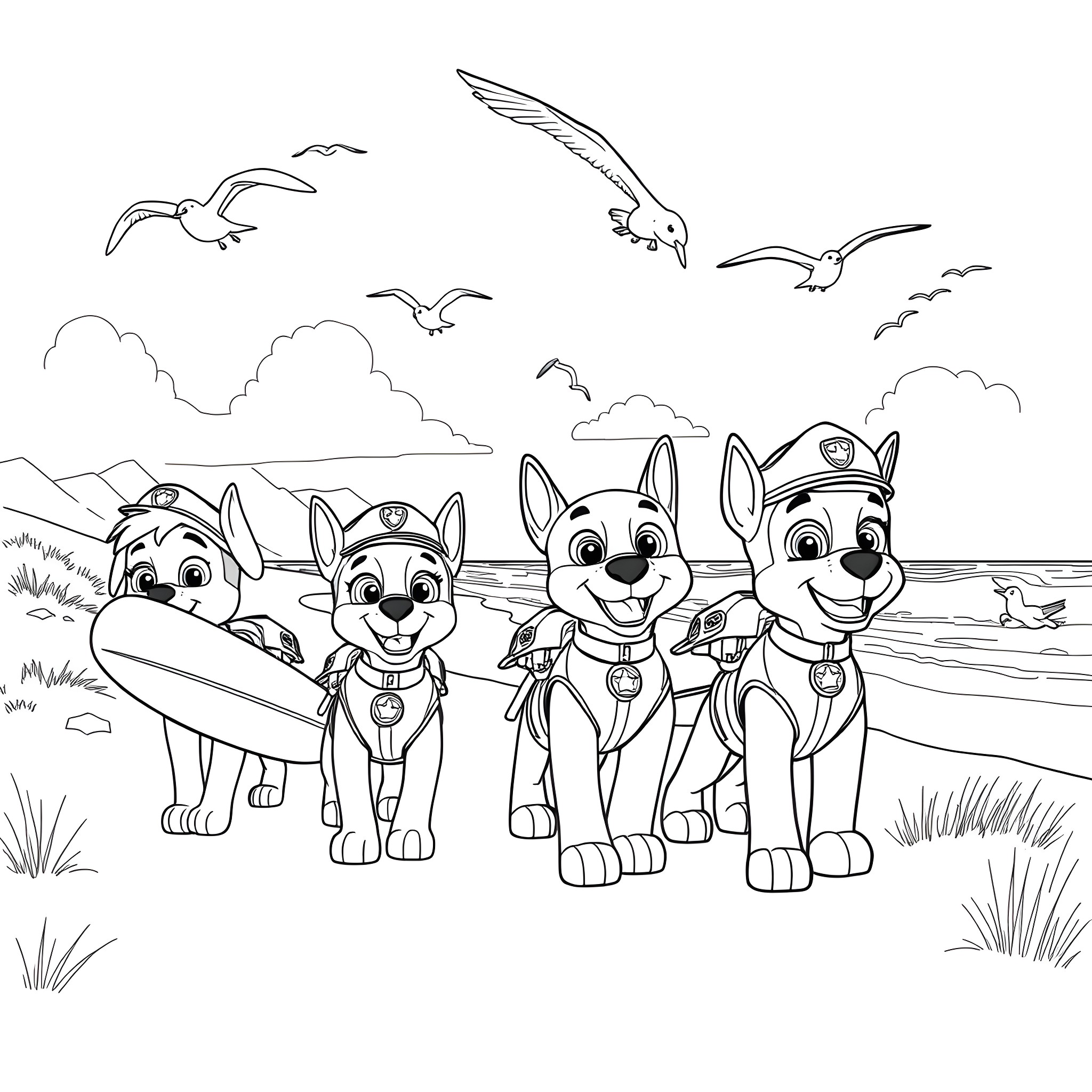 Paw Patrol pups exploring the beach with seagulls Coloring Page (free black-and-white line drawing printable PDF for all, from beginners to advanced learners, including children, teens, adults, and seniors)
