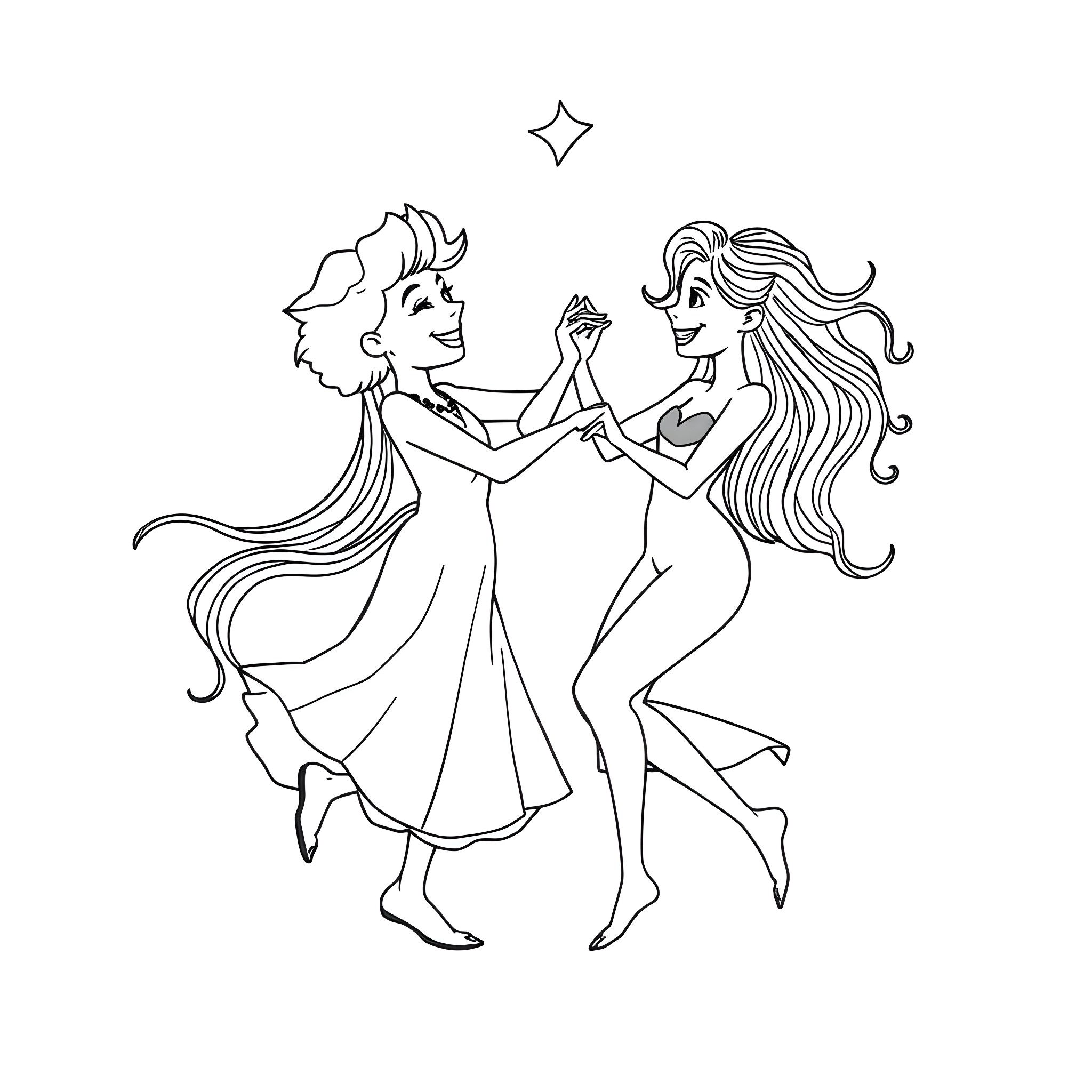 Gatasol: Enchanted dancing couple in elegant outfits Coloring Page (free black-and-white line drawing printable PDF for all, from beginners to advanced learners, including children, teens, adults, and seniors)