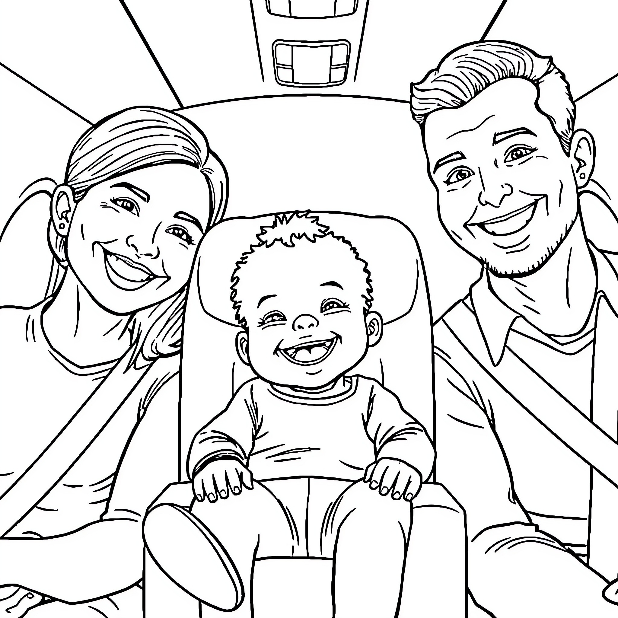 Toddler enjoying family time in car Coloring Page (free black-and-white line drawing printable PDF for all, from beginners to advanced learners, including children, teens, adults, and seniors)