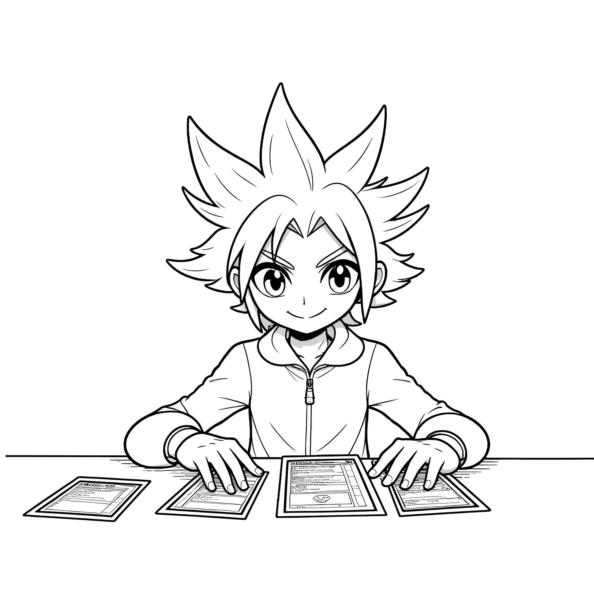 Yugi studying diligently at the desk Coloring Page (free black-and-white line drawing printable PDF for all, from beginners to advanced learners, including children, teens, adults, and seniors)