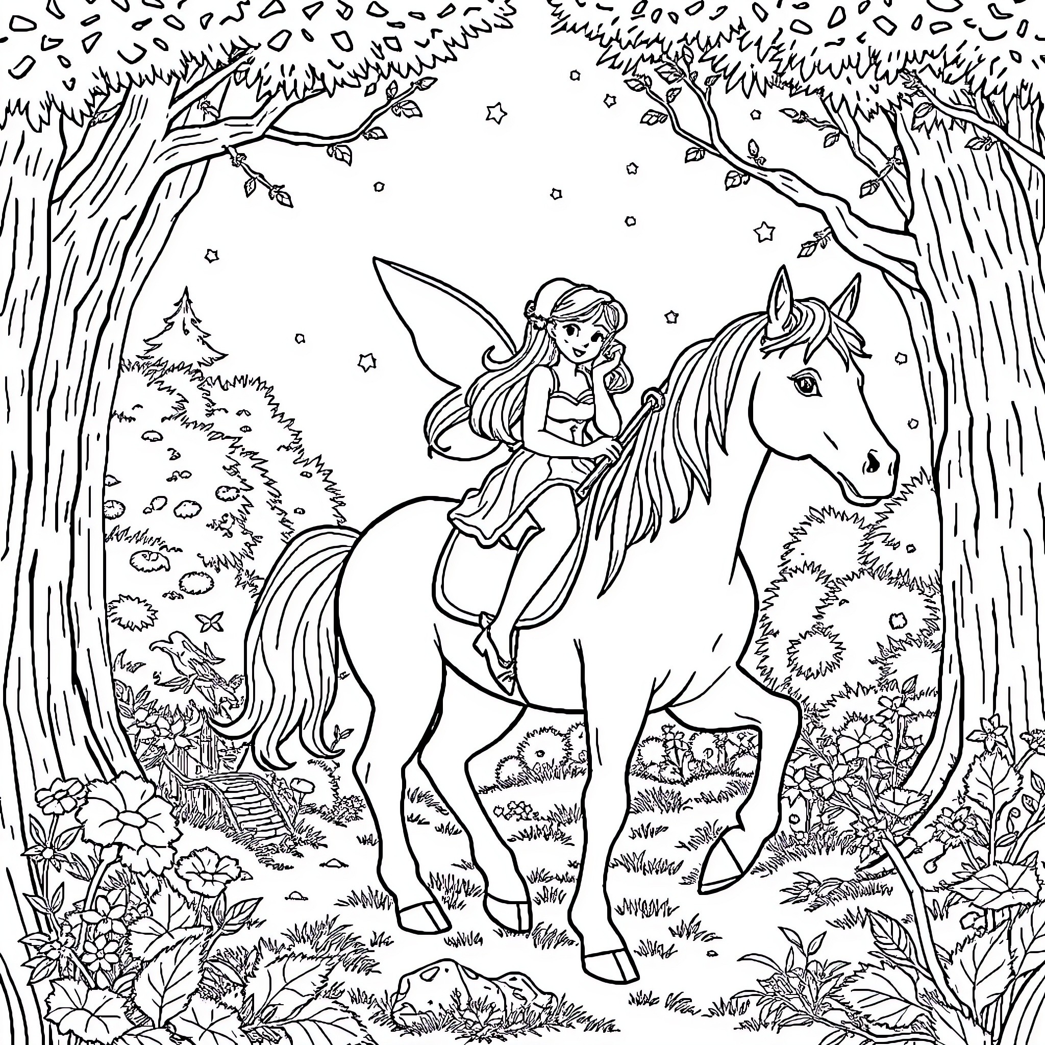 Fairytale Girl Riding Majestic Horse in Enchanted Forest Coloring Page (free black-and-white line drawing printable PDF for all, from beginners to advanced learners, including children, teens, adults, and seniors)