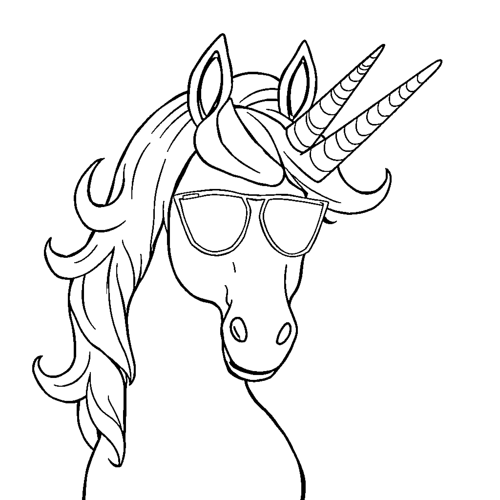 Unicorn with Sunglasses in Playful Pose Coloring Page (free black-and-white line drawing printable PDF for all, from beginners to advanced learners, including children, teens, adults, and seniors)