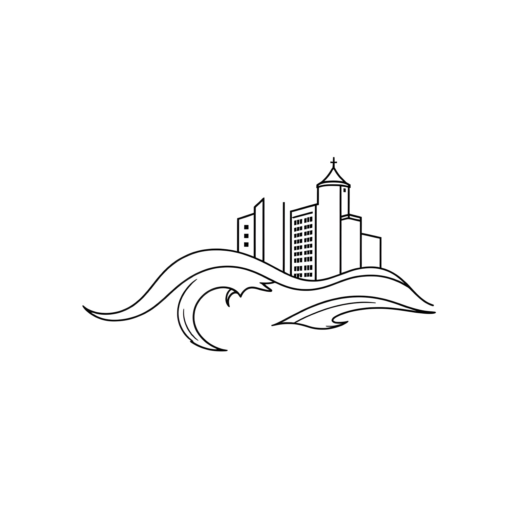 Tributary Cityscape with Flowing Waves Coloring Page (free black-and-white line drawing printable PDF for all, from beginners to advanced learners, including children, teens, adults, and seniors)