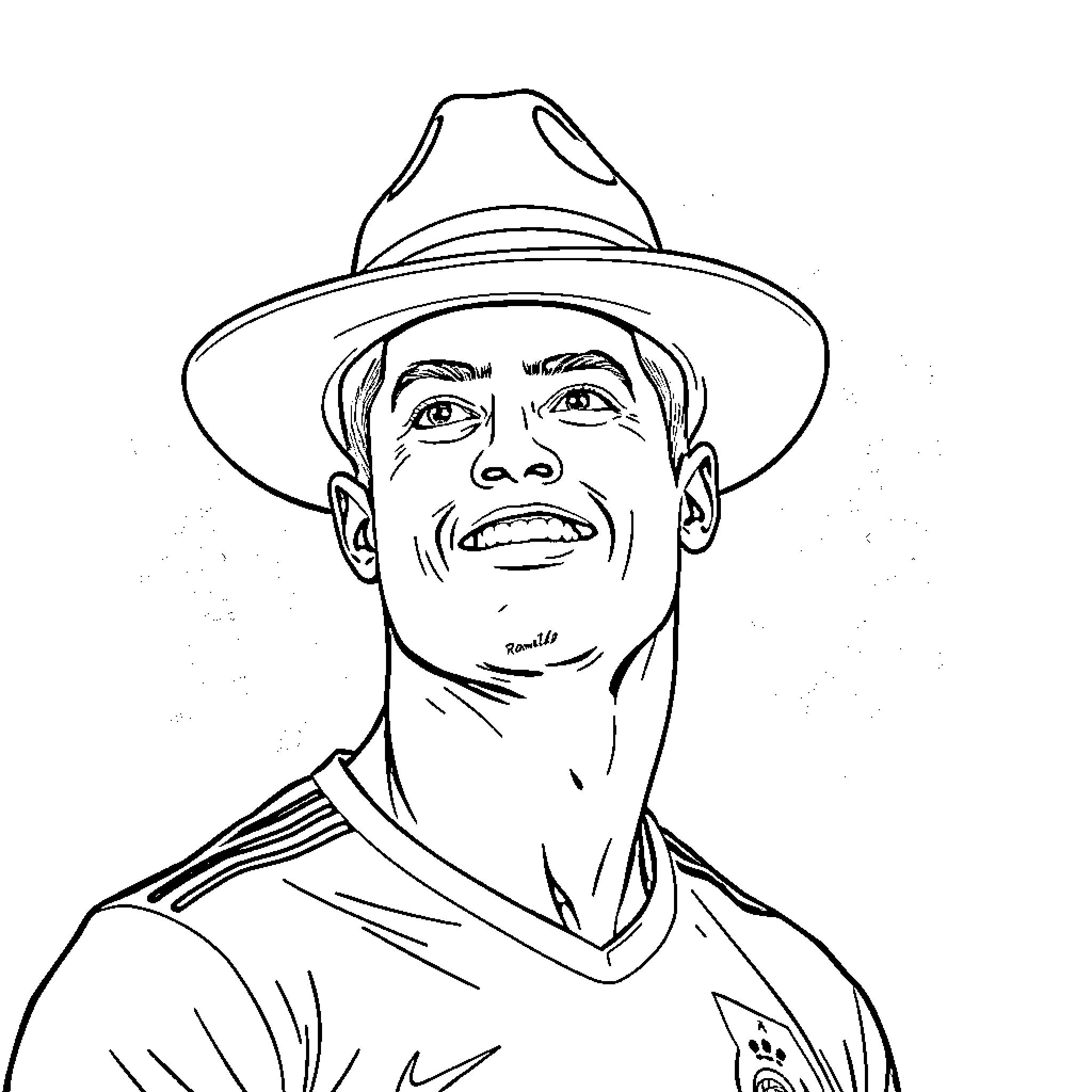 Ronaldo in adventure hat and outfit Coloring Page (free black-and-white line drawing printable PDF for all, from beginners to advanced learners, including children, teens, adults, and seniors)