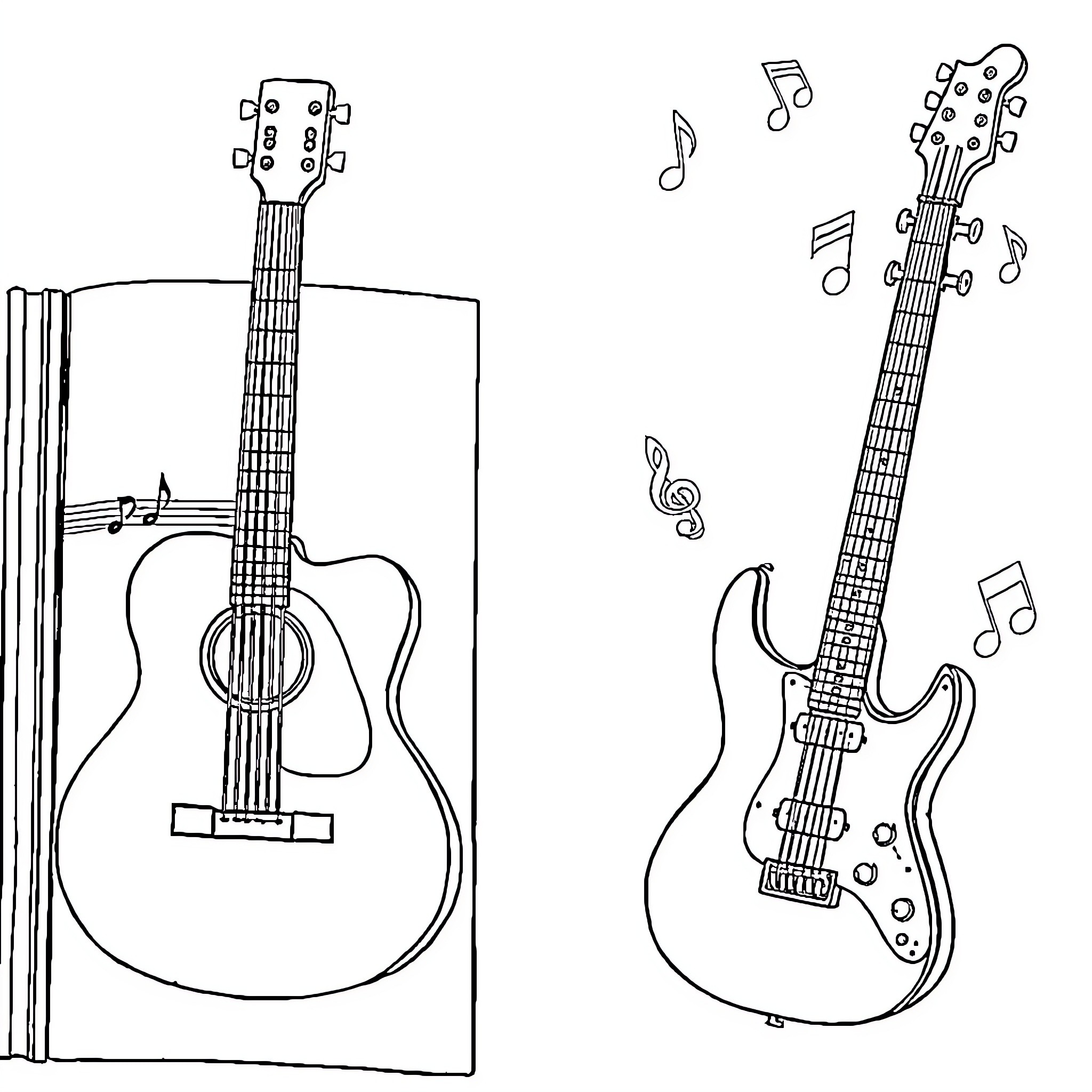 Metal guitars and musical notes Coloring Page (free black-and-white line drawing printable PDF for all, from beginners to advanced learners, including children, teens, adults, and seniors)