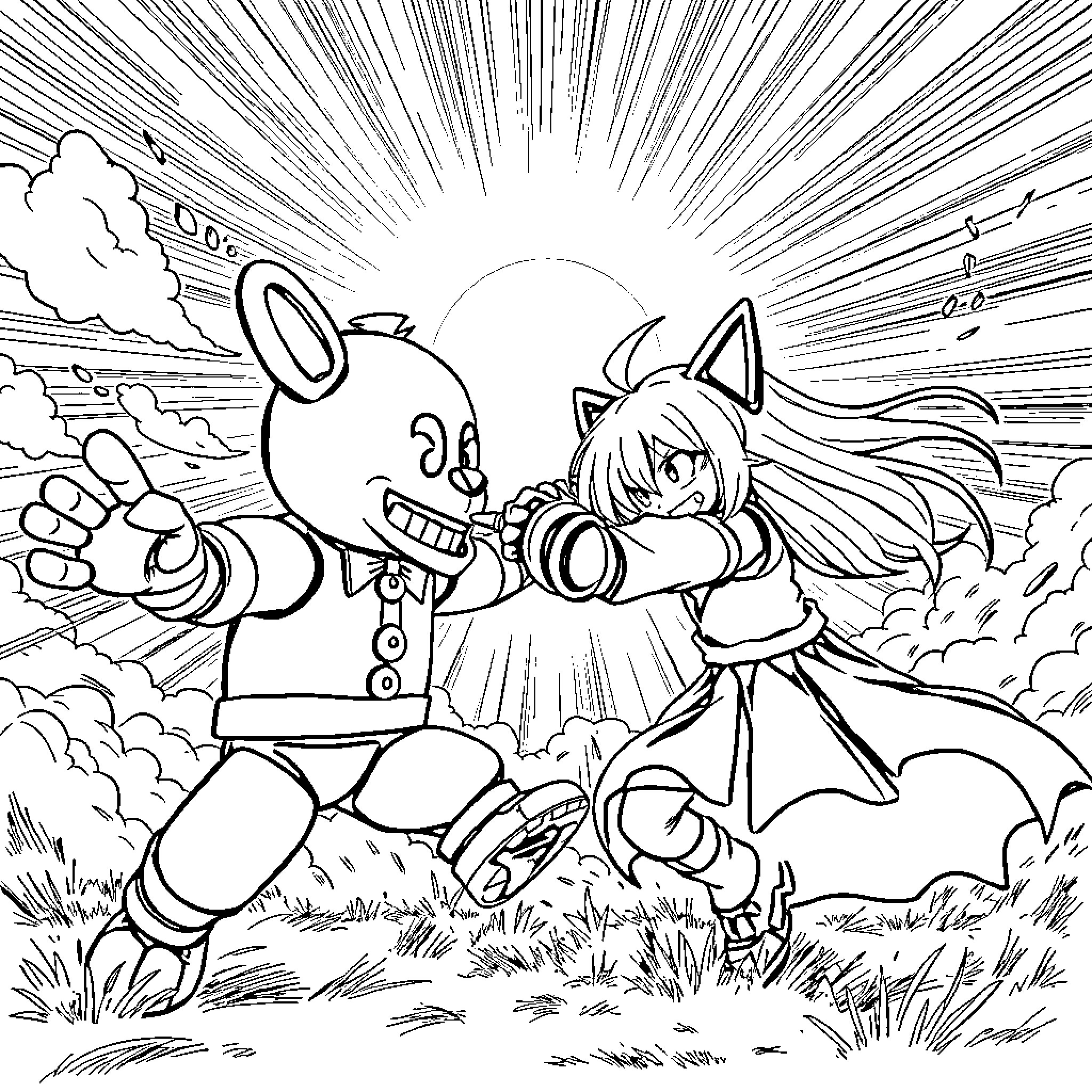 FNAF Character Battling a Fearsome Creature Coloring Page (free black-and-white line drawing printable PDF for all, from beginners to advanced learners, including children, teens, adults, and seniors)