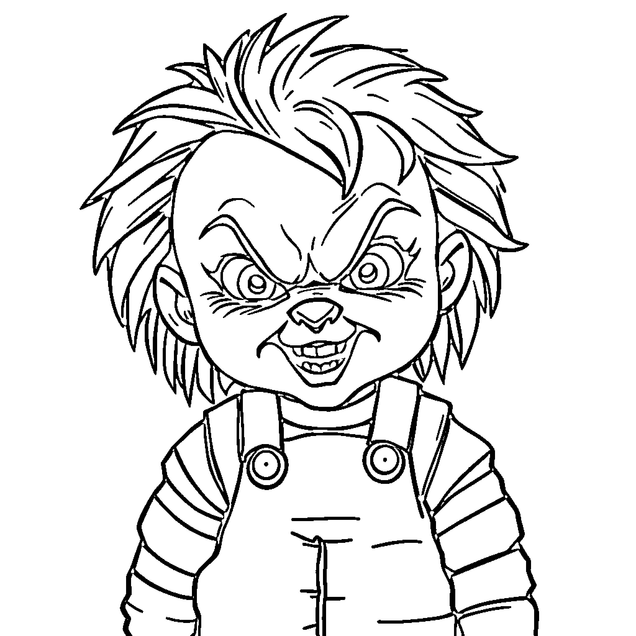 Chucky menacing with sinister grin Coloring Page (free black-and-white line drawing printable PDF for all, from beginners to advanced learners, including children, teens, adults, and seniors)