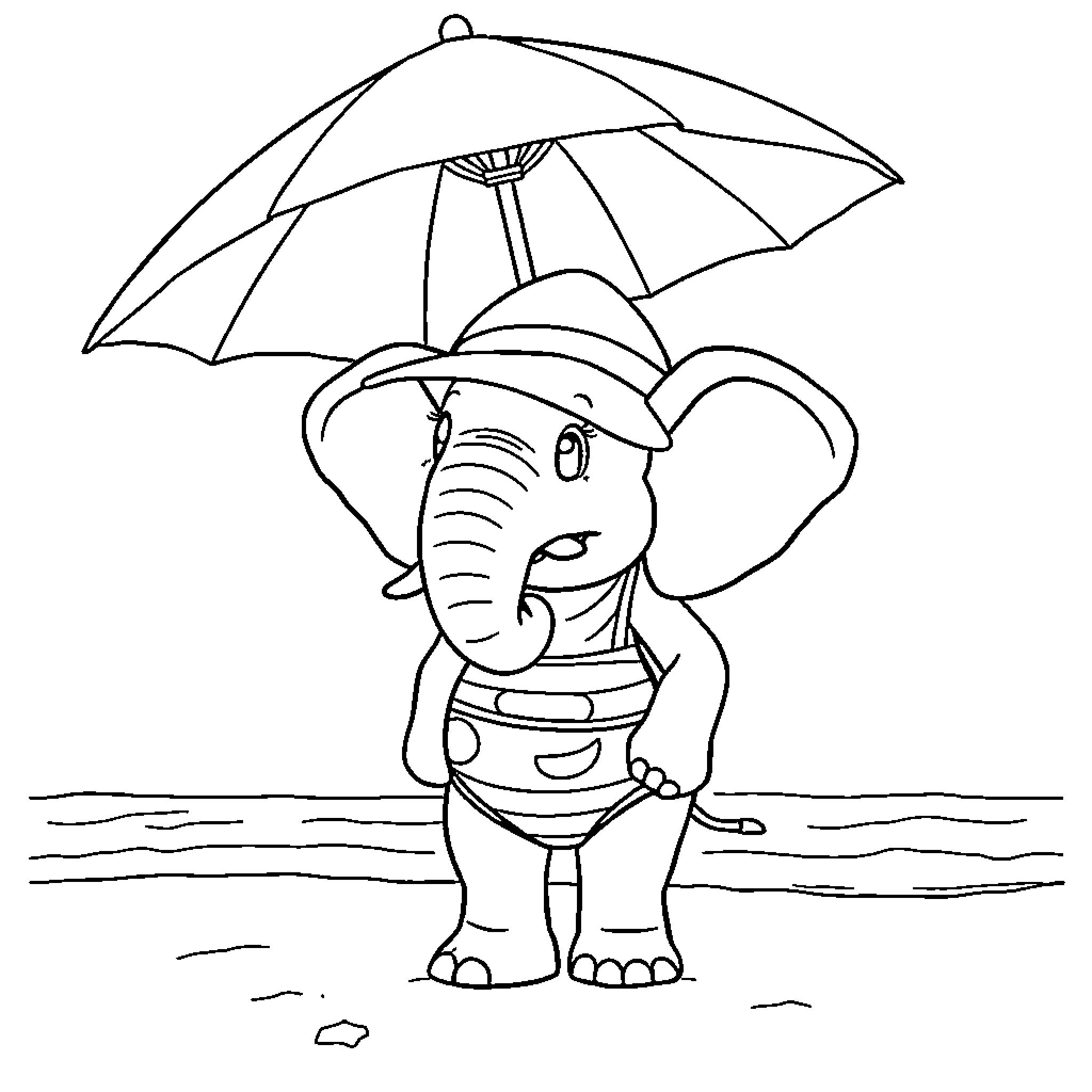 Elephant with umbrella enjoying the beach Coloring Page (free black-and-white line drawing printable PDF for all, from beginners to advanced learners, including children, teens, adults, and seniors)