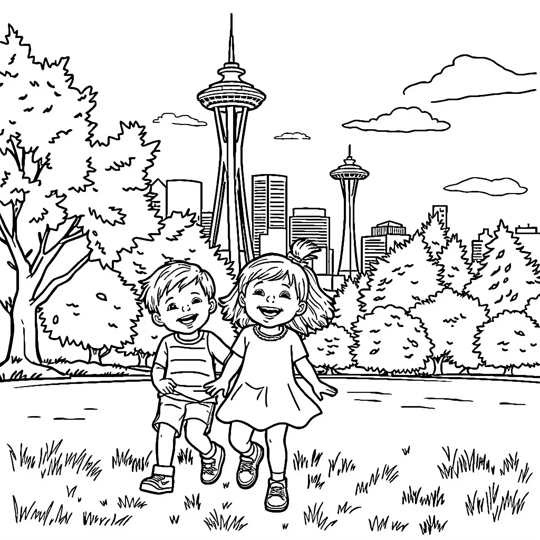 Child friends enjoy outdoor scenery in the city Coloring Page (free black-and-white line drawing printable PDF for all, from beginners to advanced learners, including children, teens, adults, and seniors)
