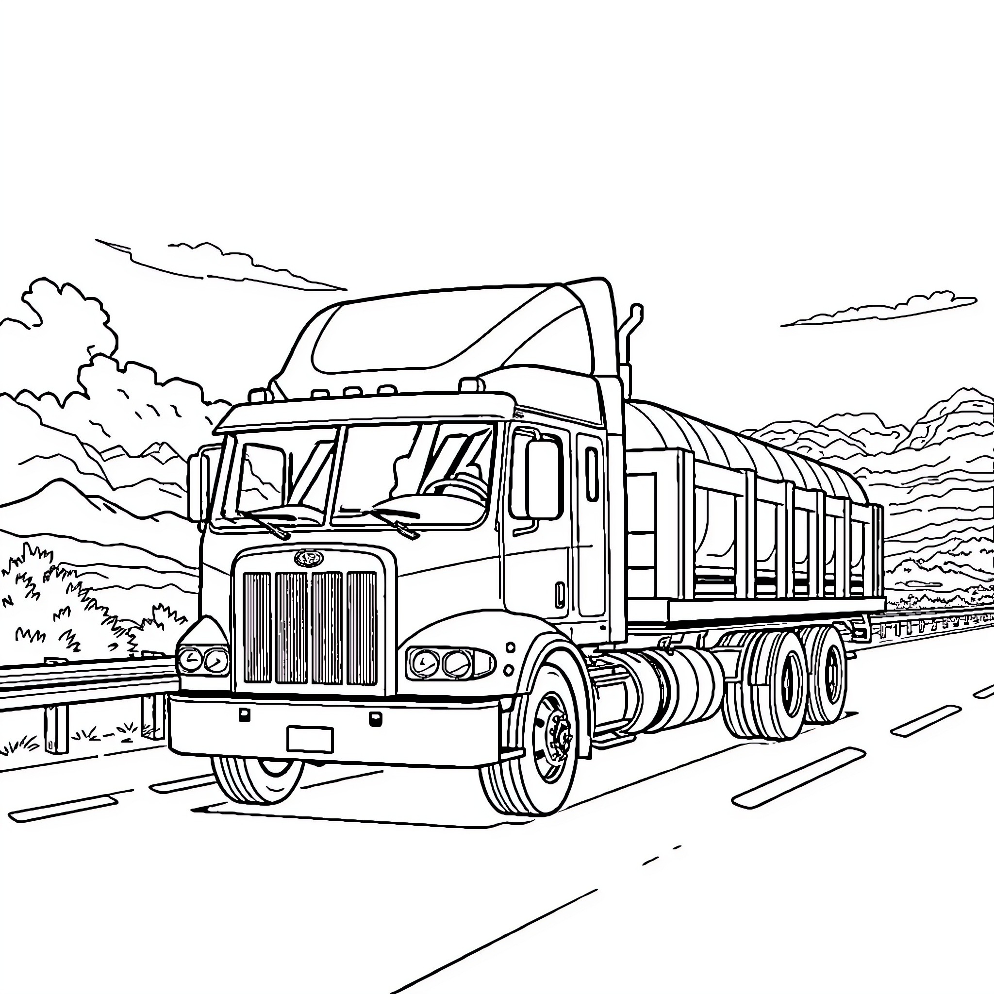 Truck transporting large cargo on the road Coloring Page (free black-and-white line drawing printable PDF for all, from beginners to advanced learners, including children, teens, adults, and seniors)