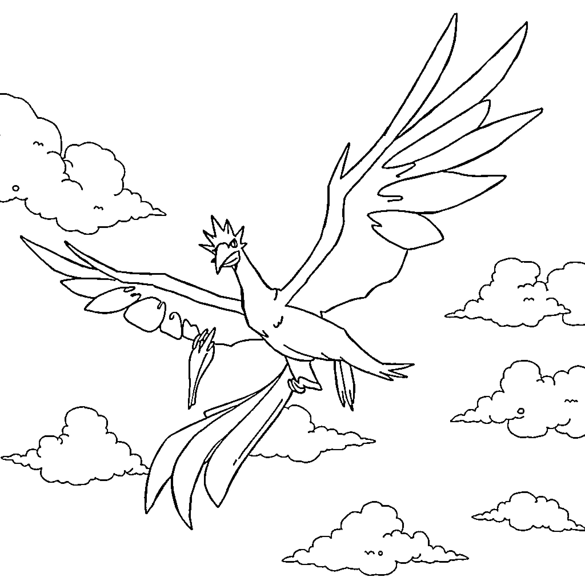 Pokémon soaring through the cloudy sky Coloring Page (free black-and-white line drawing printable PDF for all, from beginners to advanced learners, including children, teens, adults, and seniors)