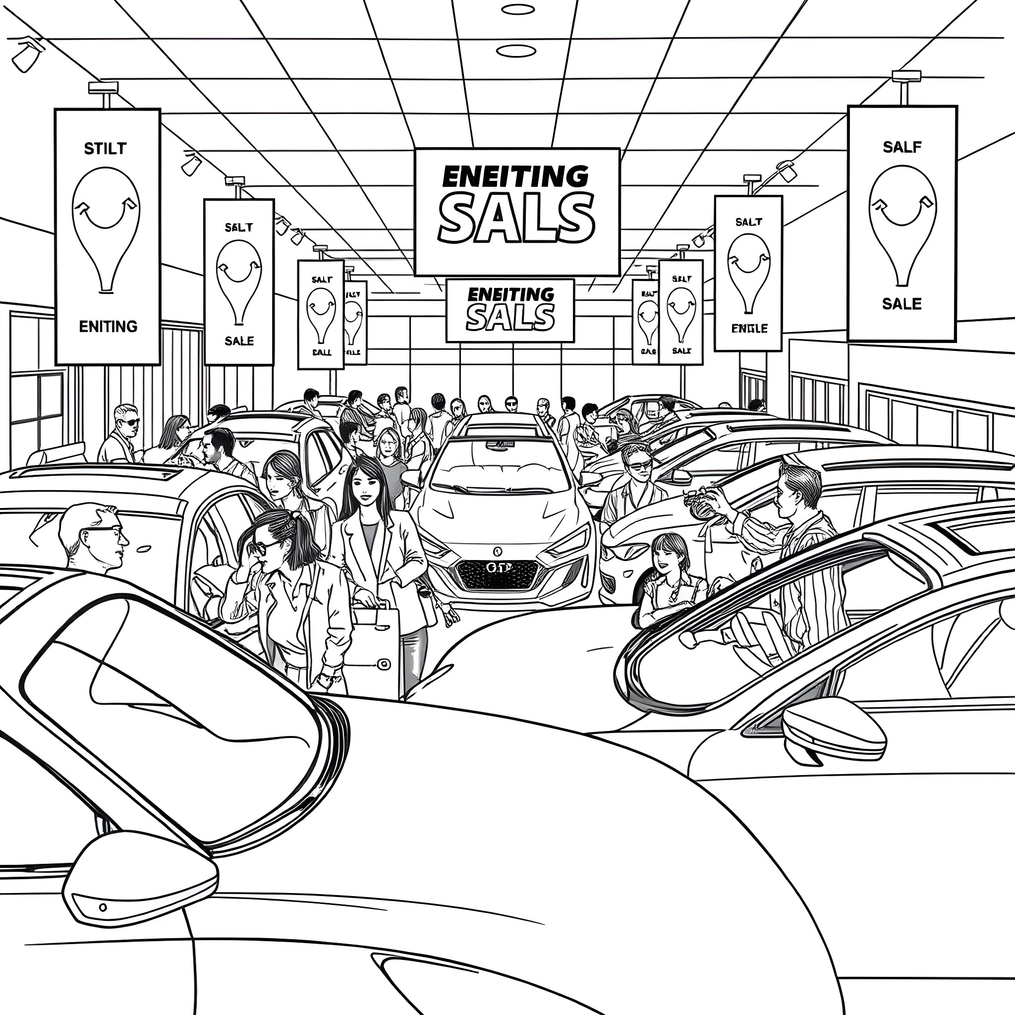 Car dealership with customers and staff Coloring Page (free black-and-white line drawing printable PDF for all, from beginners to advanced learners, including children, teens, adults, and seniors)